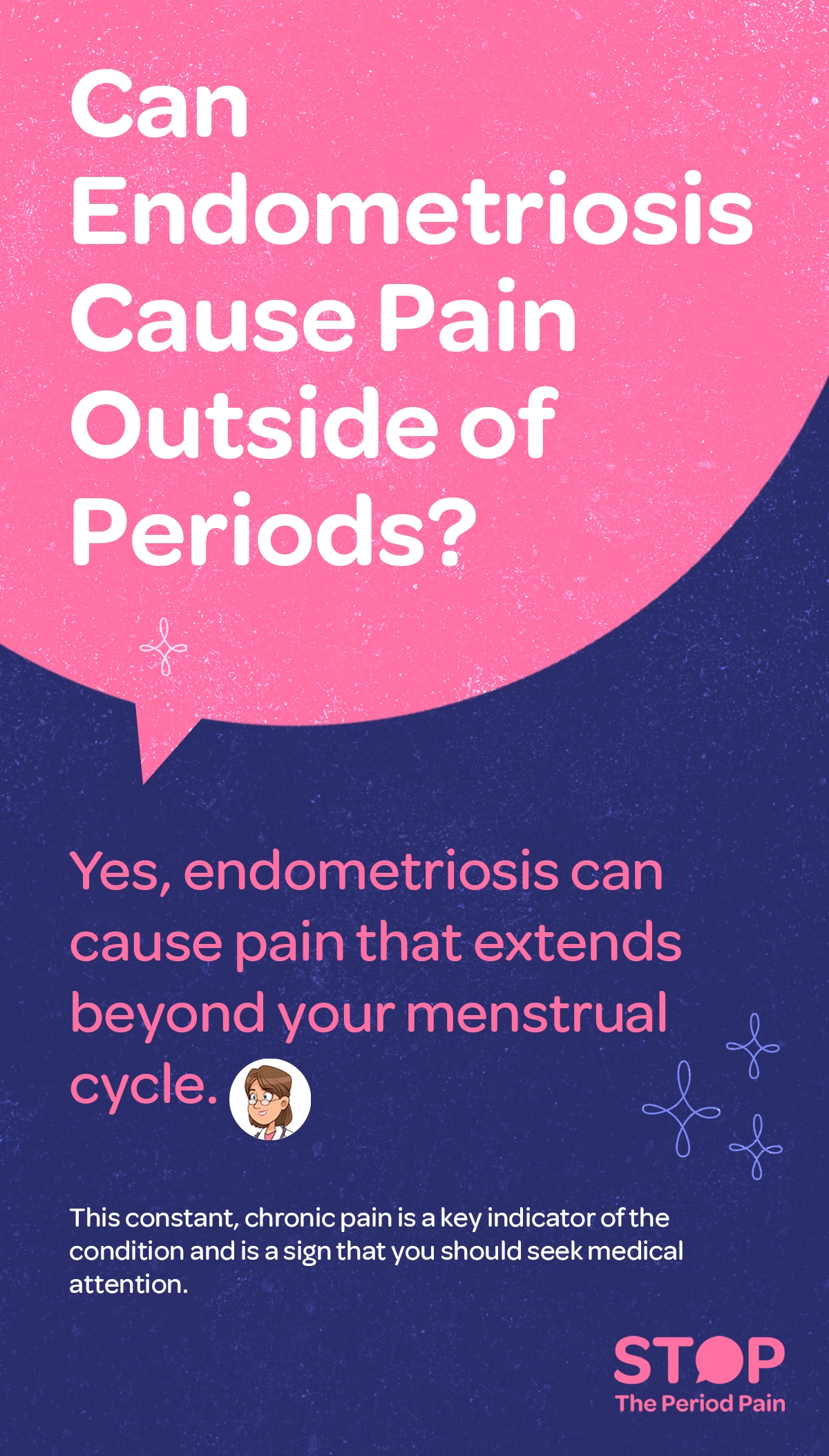 A infographic image titled "Can Endometriosis Cause Pain Outside of Periods?" It provides the answer: "Yes, endometriosis can cause chronic pelvic pain that extends beyond your menstrual cycle. This persistent, debilitating pain is a key symptom of endometriosis and indicates the need to seek medical attention and proper endometriosis treatment." The card also includes a "#StopThePeriodPain" logo at the bottom. Stop The Period Pain Which is a knowledge initiative campaign by Blue Cross Laboratories the makers of meftal spas.