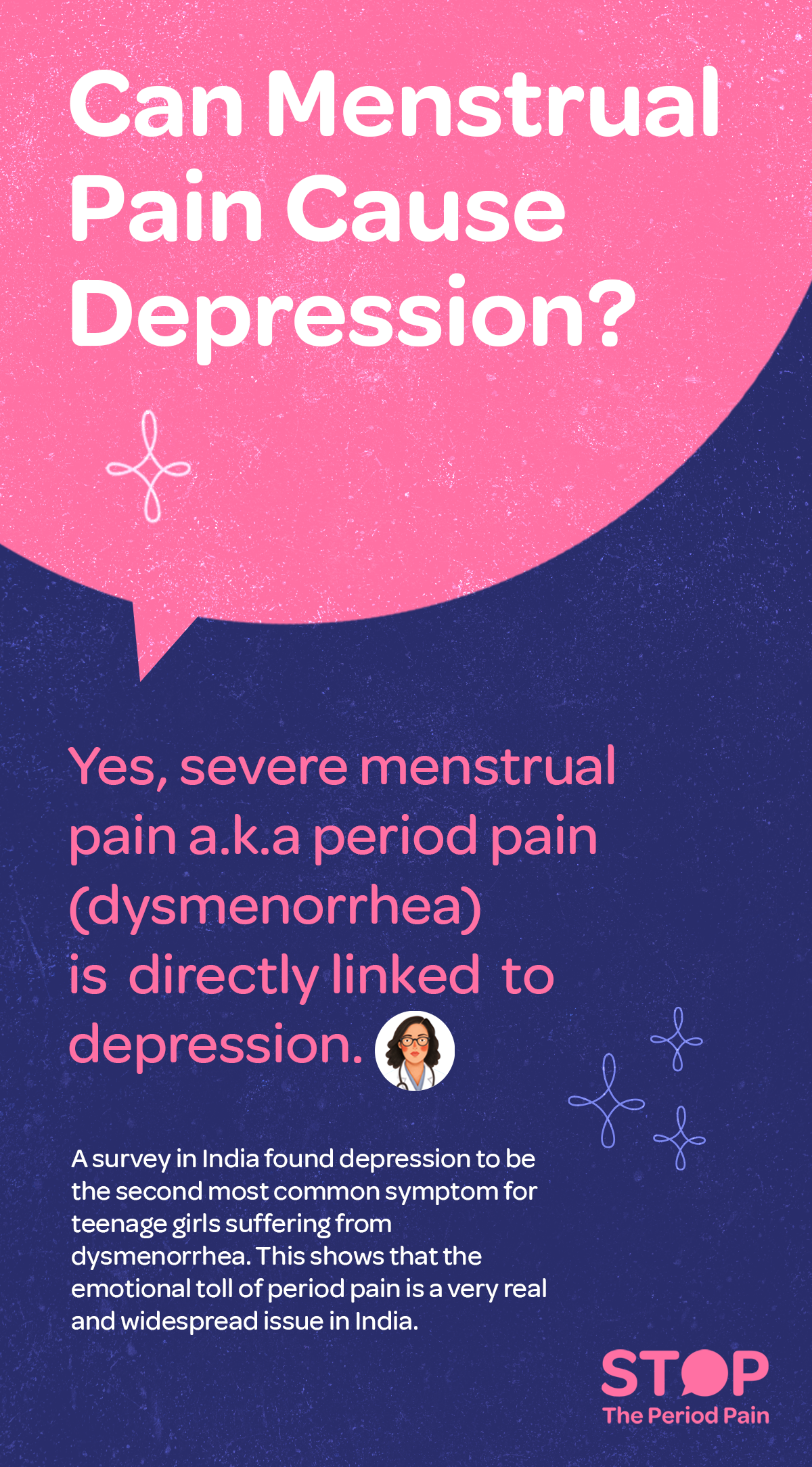 A infographic image with a gradient background blending purple and pink hues. The card’s main question reads: "Can Menstrual Pain Cause Depression?" Below the question, the answer explains that severe menstrual pain, also known as dysmenorrhea, is directly linked to menstrual depression. Additional information highlights a survey conducted in India that identified depression as the second most common symptom among teenage girls experiencing dysmenorrhea and period pain. The text emphasizes the significant emotional and mental health impact of menstrual pain as a widespread issue affecting teenage girls in India. The card includes a small "#StopThePeriodPain" logo at the bottom right corner.