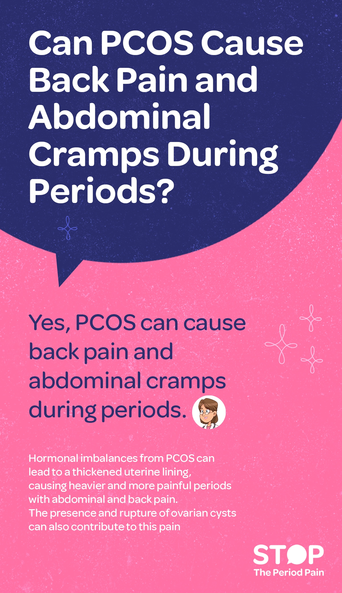 Informational graphic with a blue and pink background titled, “Can PCOS cause back pain and abdominal cramps during periods?” The answer in bold text states, “Yes, PCOS symptoms can include severe period cramps and lower back pain during menstruation.” Below, explanatory text mentions that hormonal imbalance in PCOS can thicken the uterine lining, leading to painful periods with heavy bleeding and pelvic pain. It also notes that ovarian cyst rupture pain can worsen symptoms. A cartoon doctor illustration is beside the textThe graphic ends with the campaign message "STOP The Period Pain." Which is a knowledge initiative campaign by Blue Cross Laboratories the makers of meftal spas.
