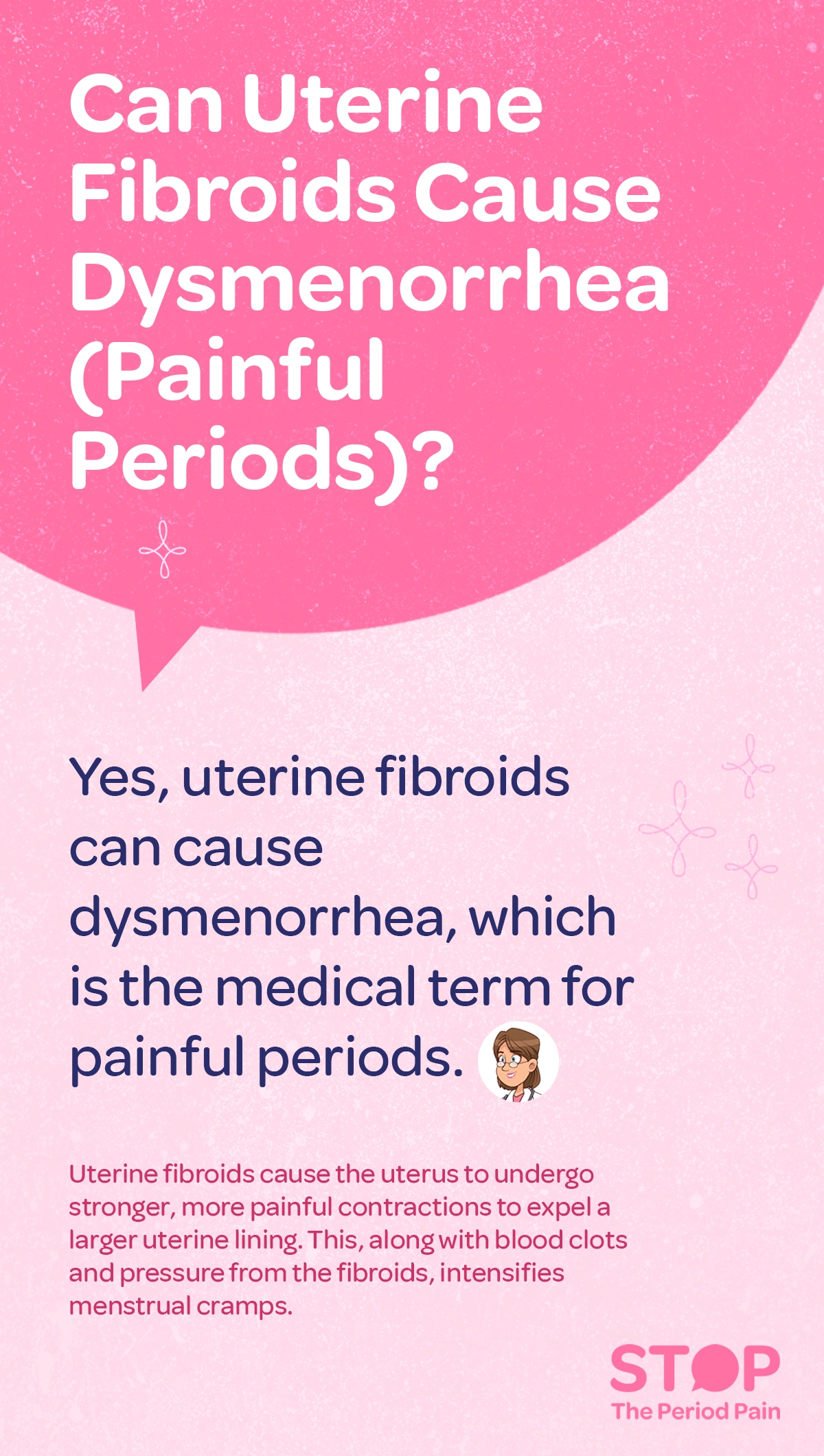 A pink and light pink gradient informational graphic with text discussing uterine fibroids and painful periods. The top half features a large pink speech bubble containing the question, "Can uterine fibroids cause dysmenorrhea (painful periods)?" Below the bubble, text in dark blue reads, "Yes, uterine fibroids can cause dysmenorrhea, which is the medical term for painful menstrual cramps." Further down, smaller pink text explains that uterine fibroids cause stronger, more painful uterine contractions to expel a larger uterine lining, which, along with blood clots and pressure from fibroids, intensifies menstrual cramps. The graphic ends with the campaign message "STOP The Period Pain." Which is a knowledge initiative campaign by Blue Cross Laboratories the makers of meftal spas. The overall design is soft and feminine, aimed at educating about menstrual health and fibroid symptoms.
