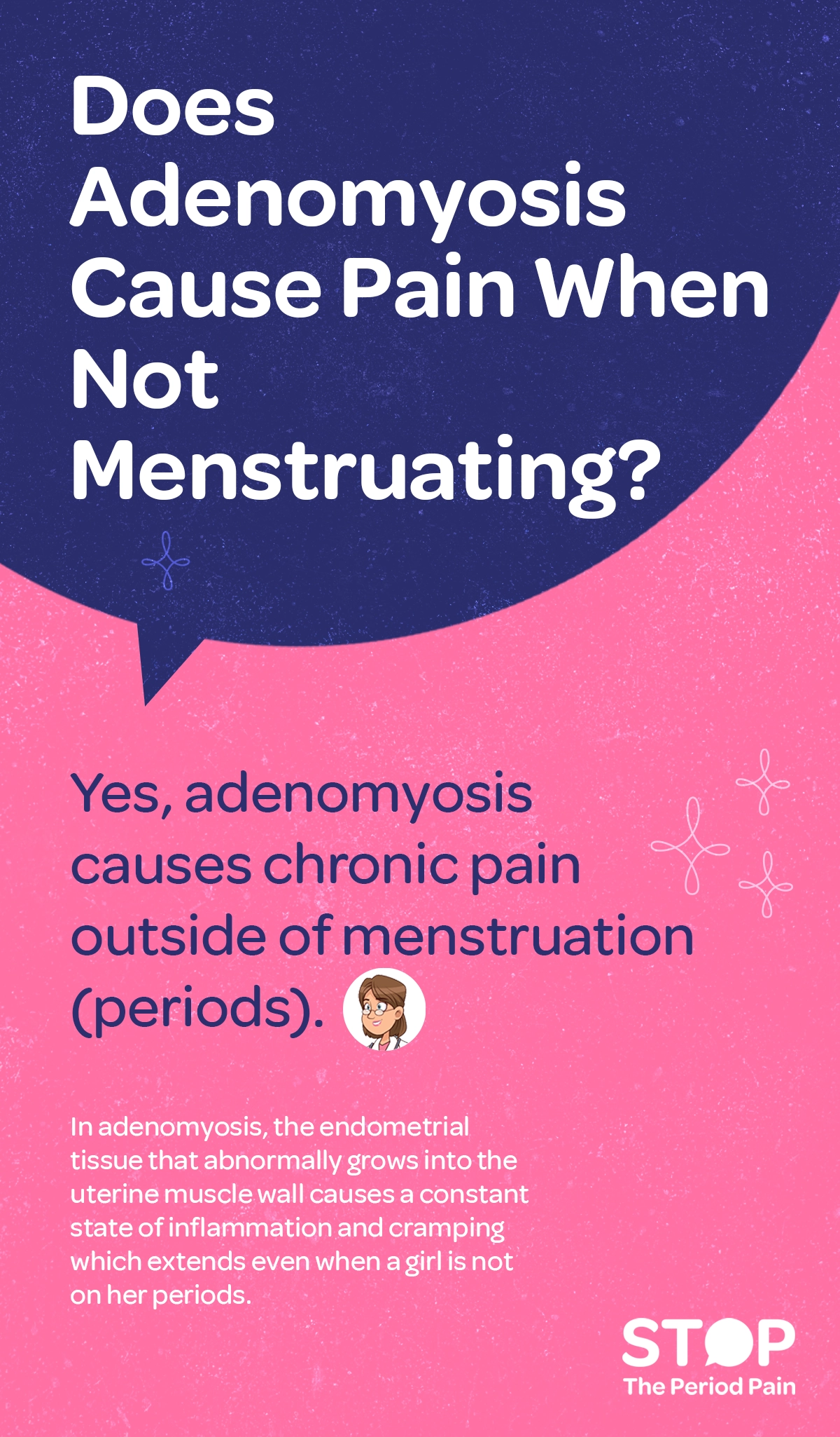 The infographic features a question in large white text on a dark blue speech bubble that reads, "Does adenomyosis cause pain when not menstruating?" Below the speech bubble, on a pink background, the answer is provided in dark blue text: "Yes, adenomyosis causes chronic pelvic pain outside of menstruation (periods)." Accompanying the answer is a small circular illustration of a female doctor. Below that, in smaller white text, a detailed explanation states that in adenomyosis, endometrial tissue growth abnormally invades the uterine muscle wall, causing a constant state of inflammation and cramping, which extends even when a girl is not on her periods. The graphic ends with the campaign message "STOP The Period Pain." Which is a knowledge initiative campaign by Blue Cross Laboratories the makers of meftal spas.