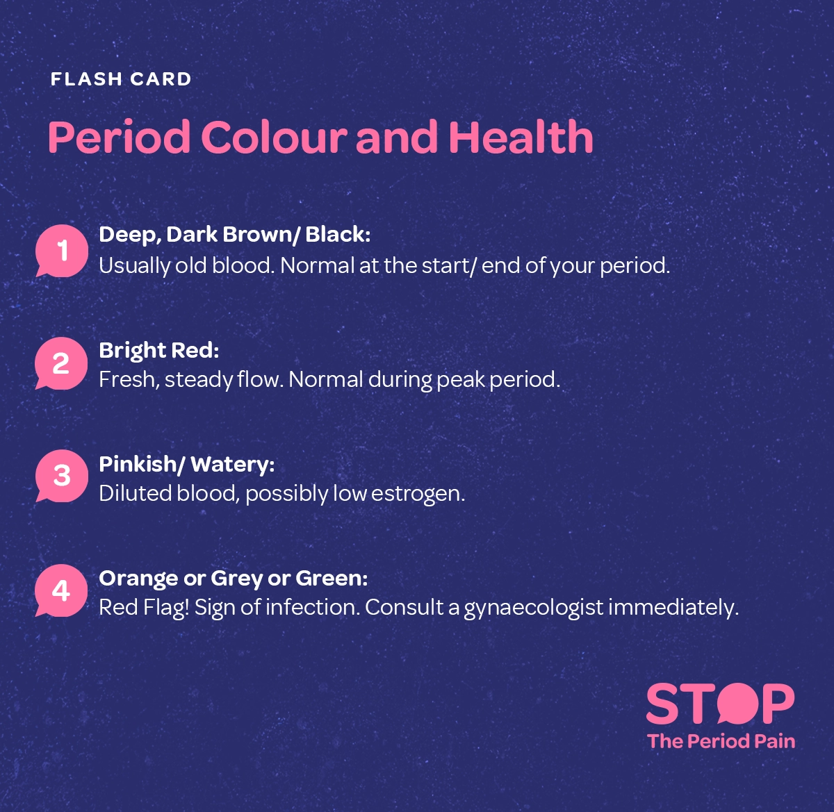 Flash Card Infographic A rectangular menstrual health flashcard titled "Period Colour and Health" features a clean, minimal design with a light background and four color-coded sections, each explaining what different period blood colors may indicate. The first section shows a deep, dark brown to black color with the note: "Usually old blood. Normal at the start/end of your period," referring to old period blood and menstrual cycle stages. The second section displays a bright red hue labeled: "Fresh, steady flow. Normal during peak period," indicating a healthy menstrual flow. The third section illustrates a pinkish or watery tone, described as: "Diluted blood, possibly low estrogen," hinting at low estrogen symptoms or hormonal imbalance during menstruation. The final section contains shades of orange, grey, and green, marked with a red warning sign and the text: "Red Flag! Sign of infection. Consult a gynaecologist immediately," pointing to signs of vaginal infection and the importance of gynecological health. The card uses clear typography and bold color swatches to visually represent each type, aiming to educate viewers on how period blood color meaning can reflect different aspects of female reproductive health. The graphic portraits the campaign message "STOP The Period Pain." Which is a knowledge initiative campaign by Blue Cross Laboratories the makers of meftal spas.