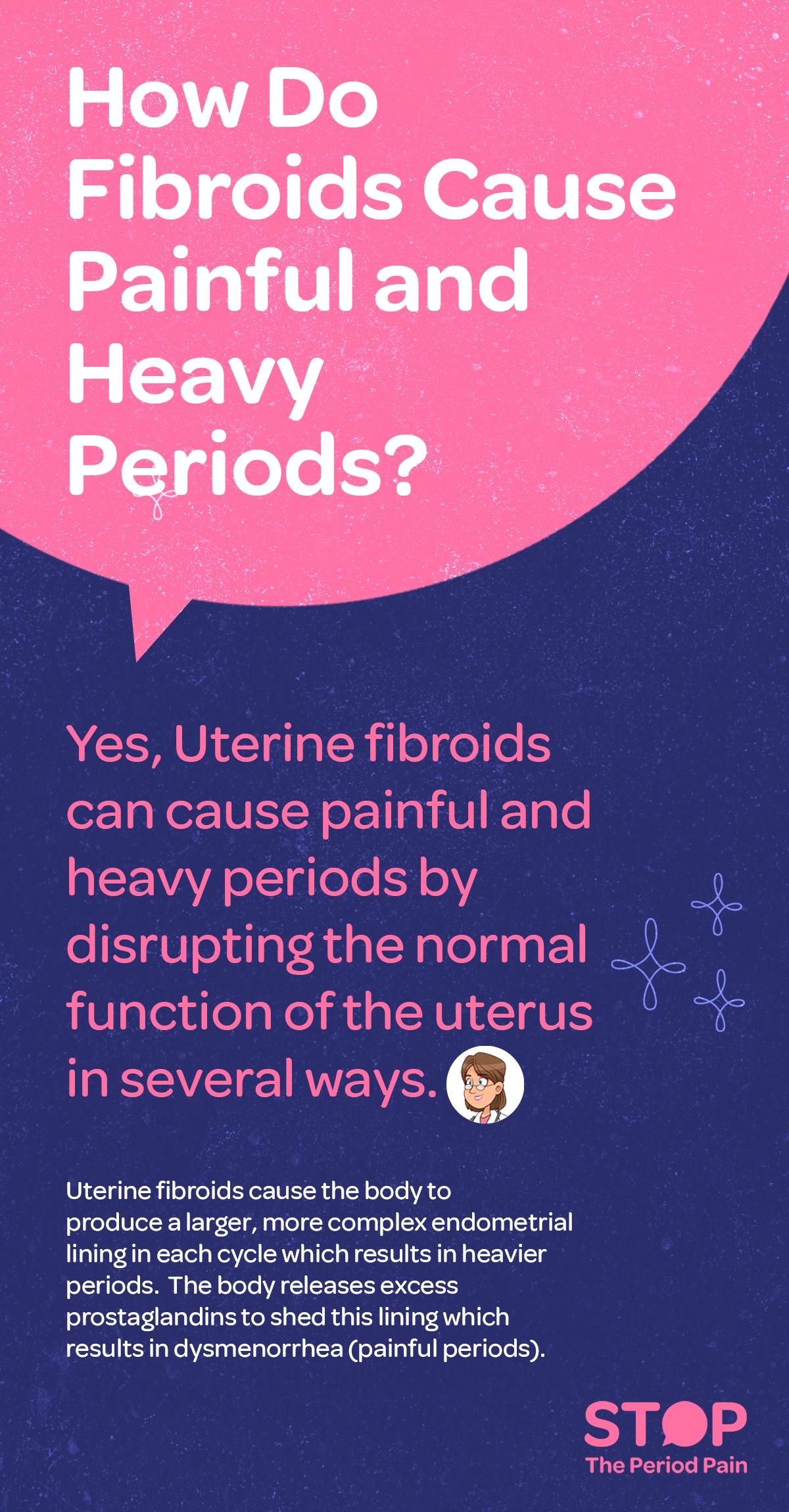 A graphic with a dark blue background and a large pink speech bubble at the top. The speech bubble contains the question in bold white text: "How do fibroids cause painful and heavy periods?" Below the speech bubble, in pink text, it reads: "Yes, uterine fibroids can cause painful and heavy periods by disrupting the normal function of the uterus in several ways." Below this, in smaller white text, it explains that uterine fibroids cause the body to produce a larger, more complex endometrial lining each cycle, leading to heavier menstrual bleeding. It also states the body releases excess prostaglandins to shed this lining, causing dysmenorrhea (painful periods).The graphic ends with the campaign message "STOP The Period Pain." Which is a knowledge initiative campaign by Blue Cross Laboratories the makers of meftal spas.