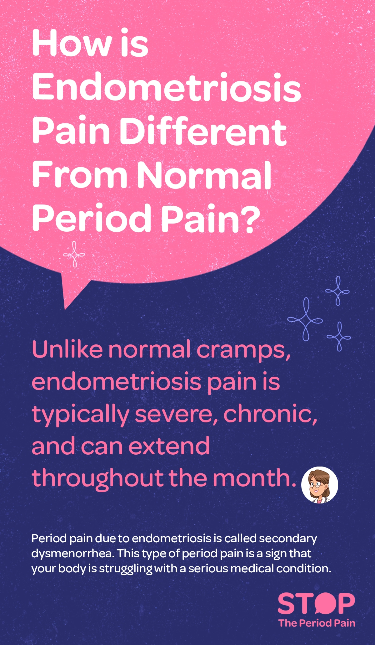 This endometriosis awareness infographic titled poster explains the difference between endometriosis pain and normal menstrual cramps. The top section features a large pink speech bubble with the question, "How is Endometriosis Pain Different From Normal Period Pain?" written in bold white text. Below, on a dark blue background, pink text states that unlike typical period cramps, endometriosis pain symptoms are typically severe period pain, chronic pelvic pain, and can extend throughout the month. An illustrated icon of a female doctor appears next to this text. At the bottom, smaller white text explains that period pain caused by endometriosis is called secondary dysmenorrhea and is a sign that the body is struggling with a serious reproductive health condition. The bottom right corner includes a campaign logo and slogan in pink and orange: "STOP The Period Pain," with decorative star-like icons scattered throughout the background." .The graphic ends in the bottom right corner with the campaign message "STOP The Period Pain." Which is a knowledge initiative campaign by Blue Cross Laboratories the makers of meftal spas.