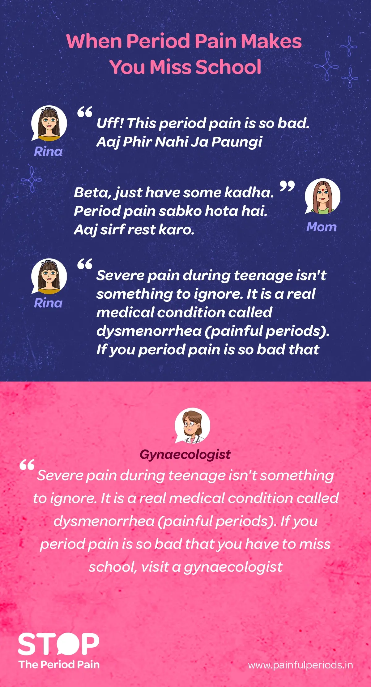 A conversation scene depicting a teenage girl named Rina experiencing severe period pain and menstrual cramps. Rina is shown expressing distress, saying, “Uff! This period pain is so bad. Aaj Phir Nahi Ja Paungi,” indicating she won’t be able to go out or attend activities due to the pain. Her mother, offering comfort and traditional advice, responds gently, “Beta, just have some kadha. Period pain sabko hota hai. Aaj sirf rest karo,” suggesting rest and a home remedy for menstrual discomfort. Rina expresses her frustration about missing out, saying, “But I’m missing so much - studies, extra curricular activities…” A gynaecologist’s advice is included in the scene, emphasizing that severe period pain in teenagers is a medical issue called dysmenorrhea (painful periods) and should not be ignored, advising those with painful periods severe enough to disrupt daily life or cause missing school due to period pain to seek professional medical help. The overall tone conveys both the common cultural approach to period pain remedies and the importance of recognizing and treating serious menstrual health problems in adolescent girls.
