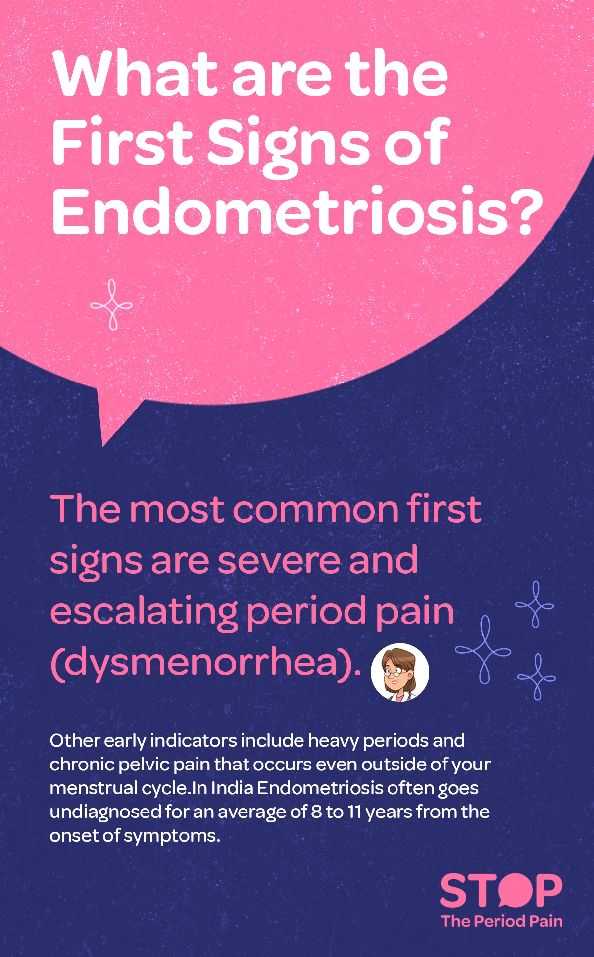 infographic titled "What Are the First Signs of Endometriosis?" on a pink and navy blue background. It explains that excess production of prostaglandins or underlying gynaecological conditions like endometriosis, adenomyosis, PCOS (Polycystic Ovary Syndrome), or uterine fibroids can be causes. A note mentions a survey in India found depression to be the second most common symptom among teenage girls with dysmenorrhea (painful periods), highlighting the emotional toll of period pain. The graphic ends with the campaign message "STOP The Period Pain." Which is a knowledge initiative campaign by Blue Cross Laboratories the makers of meftal spas.