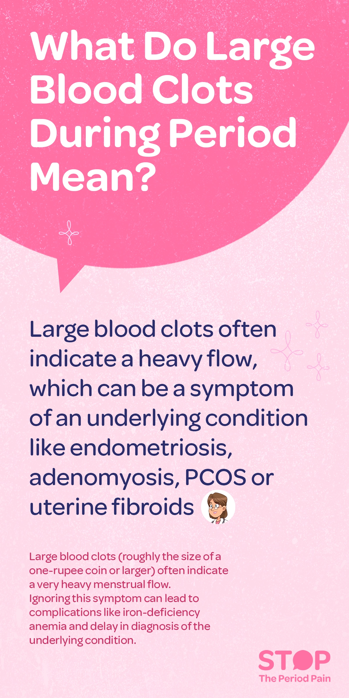 The image has a pink and light pink background with bold white and dark blue text. At the top, a large speech bubble in bright pink contains the question, "What do large blood clots during period mean?" Below the speech bubble, the main text explains that large blood clots during menstruation often indicate a heavy menstrual flow, which could be a symptom of underlying conditions such as endometriosis, adenomyosis, PCOS (polycystic ovary syndrome), or uterine fibroids. There is a small icon of a female doctor next to this text. Further down, smaller red text warns that large blood clots (roughly the size of a one-rupee coin or larger) can signal very heavy period bleeding and that ignoring this symptom may lead to complications like iron-deficiency anemia and delayed diagnosis of the underlying condition.The graphic ends with the campaign message "STOP The Period Pain." Which is a knowledge initiative campaign by Blue Cross Laboratories the makers of meftal spas.
