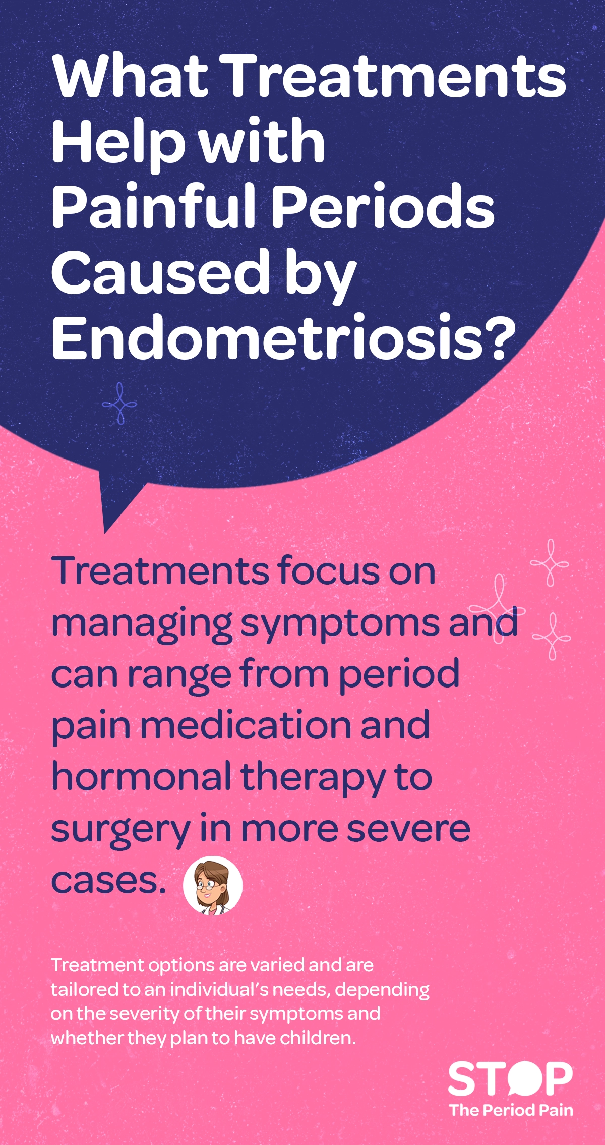 A pink and dark purple graphic with the following text: "What Treatments Help with Painful Periods Caused by Endometriosis?" The text explains that treatments focus on managing symptoms and can range from period pain medication and hormonal therapy to surgery in more severe cases. It also mentions that treatment options are varied and tailored to an individual’s needs, depending on the severity of their symptoms and whether they plan to have children. The graphic includes a friendly illustration of a doctor with glasses and a stethoscope, and a logo at the bottom that says "STOP The Period Pain." The background is a soft pink with light abstract star shapes surrounding the content. The graphic ends in the bottom right corner with the campaign message "STOP The Period Pain." Which is a knowledge initiative campaign by Blue Cross Laboratories the makers of meftal spas.