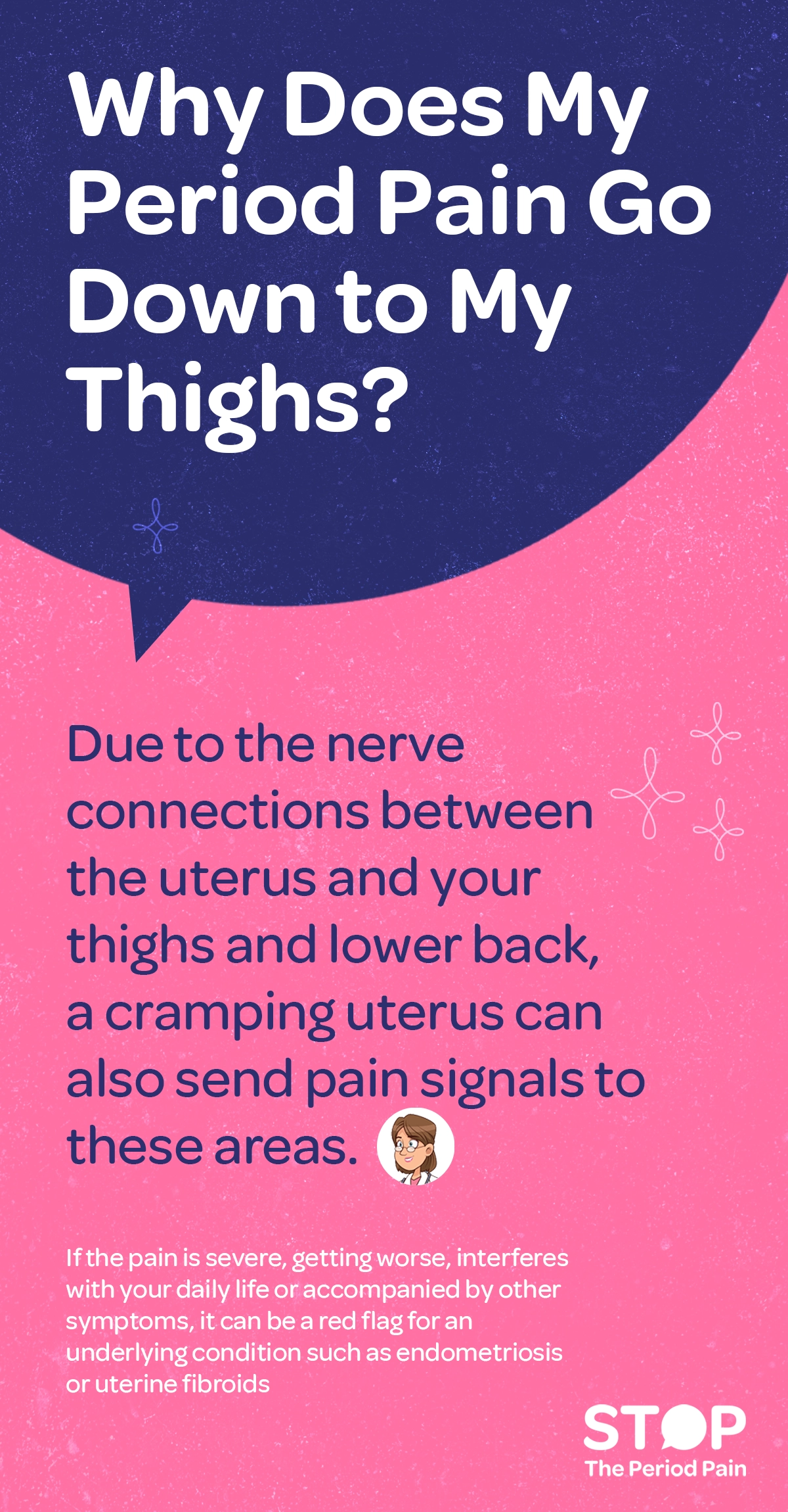 The image features a question in large, bold white text at the top, asking, "Why does my period pain go down to my thighs?" The background is divided into two sections with a dark blue speech bubble shape at the top and a solid pink color filling the bottom. Below the question, the answer is given in smaller, dark blue text: "Due to the nerve connections between the uterus and your thighs and lower back, a cramping uterus can also send pain signals to these areas." A small illustration of a smiling female medical professional is placed near the end of this text. Further down, in smaller white text, there is a warning stating, "If the pain is severe, getting worse, interferes with your daily life or accompanied by other symptoms, it can be a red flag for an underlying condition such as endometriosis or uterine fibroids." The graphic ends with the campaign message "STOP The Period Pain." Which is a knowledge initiative campaign by Blue Cross Laboratories the makers of meftal spas. The overall design is informative and visually clear, aiming to educate about menstrual cramps, period pain relief, pain radiating to thighs, and when to seek medical advice for women’s reproductive health issues.