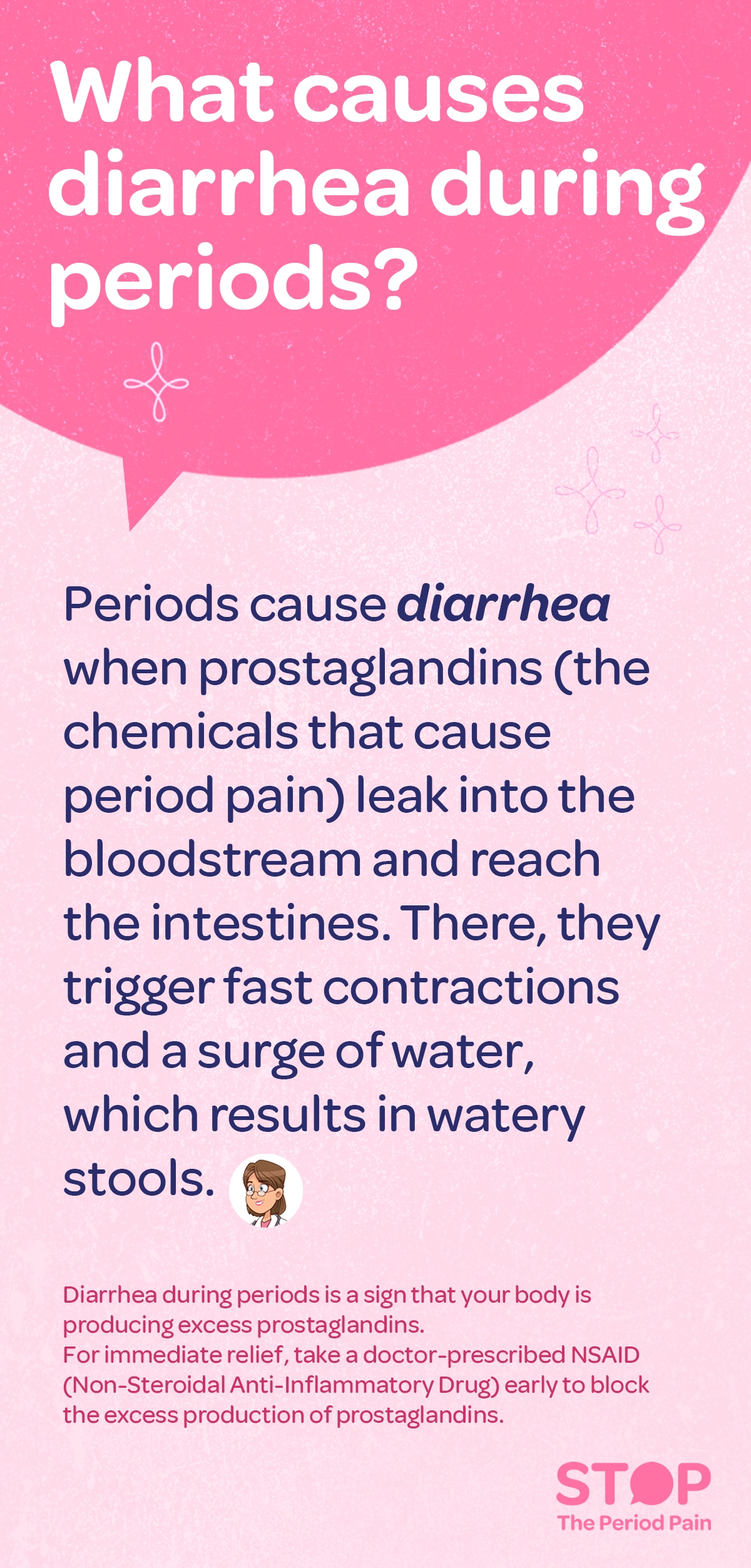 Informational text explaining why diarrhea during menstruation can occur. It states that menstrual cramps and elevated prostaglandins—the chemicals responsible for period pain—enter the bloodstream and reach the intestines. This triggers rapid intestinal contractions and an increase in water in the stool, leading to watery bowel movements during period. The text notes that diarrhoea during period indicates high prostaglandin levels and recommends taking a doctor‑prescribed NSAID treatment for menstrual pain early to reduce prostaglandin production for immediate relief. The graphic ends with the campaign message "STOP The Period Pain." Which is a knowledge initiative campaign by Blue Cross Laboratories the makers of meftal spas.