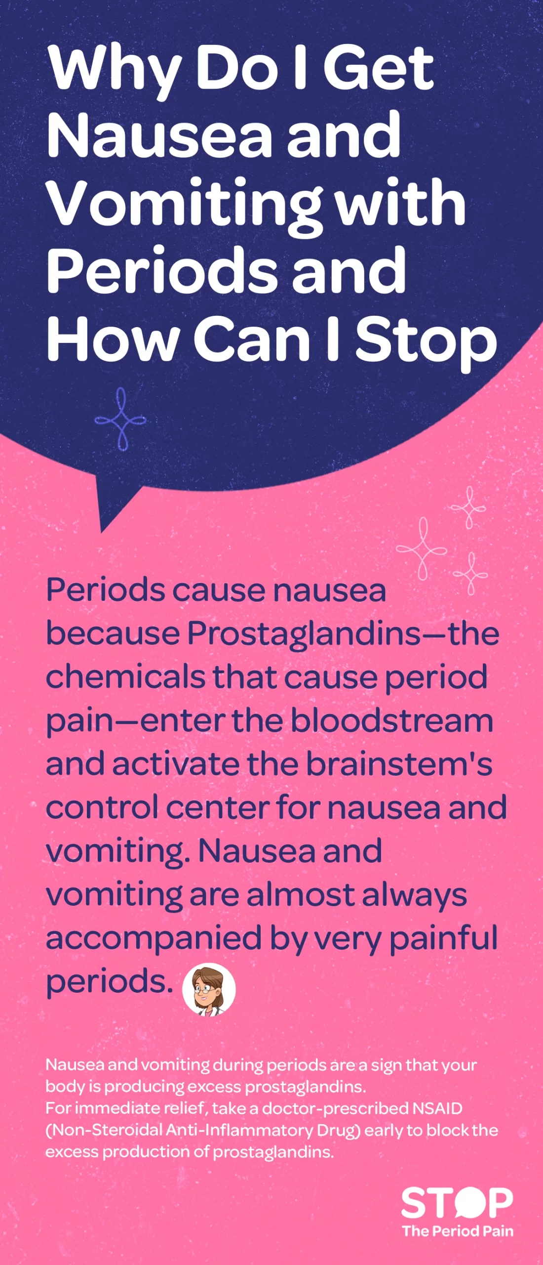 Explanation of why some people experience nausea during periods and vomiting during menstruation. It states that menstrual cramps and period pain can cause nausea, because prostaglandins, the chemicals responsible for severe period cramps, enter the bloodstream and trigger the brainstem’s nausea and vomiting control center. It notes that menstrual nausea and vomiting usually occur alongside very painful periods and indicate that the body is producing excess prostaglandins. For immediate relief, it recommends taking a doctor-prescribed NSAID (Non-Steroidal Anti-Inflammatory Drug) early to block excess prostaglandin production and reduce period pain. The graphic ends with the campaign message "STOP The Period Pain." Which is a knowledge initiative campaign by Blue Cross Laboratories the makers of meftal spas.
