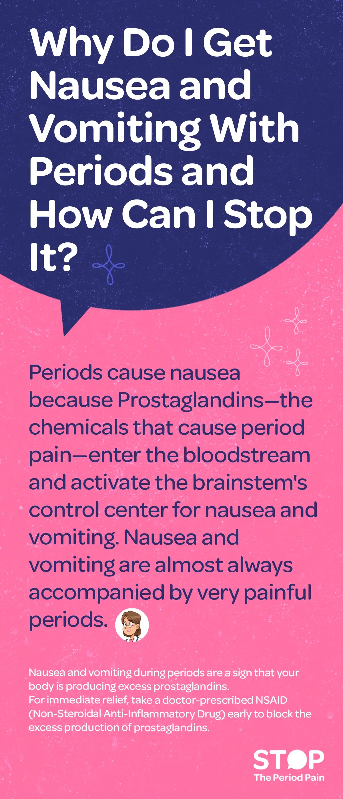 Explanation of why some people experience nausea during periods and vomiting during menstruation. It states that menstrual cramps and period pain can cause nausea, because prostaglandins, the chemicals responsible for severe period cramps, enter the bloodstream and trigger the brainstem’s nausea and vomiting control center. It notes that menstrual nausea and vomiting usually occur alongside very painful periods and indicate that the body is producing excess prostaglandins. For immediate relief, it recommends taking a doctor-prescribed NSAID (Non-Steroidal Anti-Inflammatory Drug) early to block excess prostaglandin production and reduce period pain. The graphic ends with the campaign message "STOP The Period Pain." Which is a knowledge initiative campaign by Blue Cross Laboratories the makers of meftal spas.