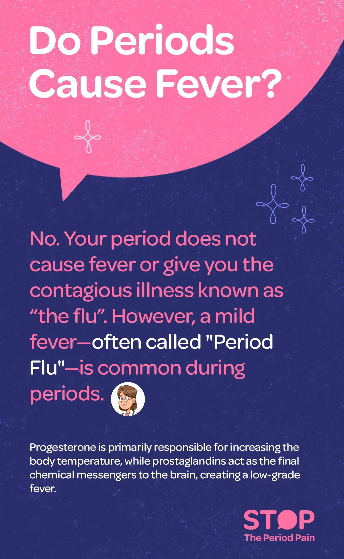 An informative text graphic explaining whether menstruation symptoms cause fever during periods. The heading reads: “Do Periods Cause Fever?” Below, the text clarifies: “No. Your menstrual cycle does not cause high fever or give you the contagious illness known as ‘the flu.’ However, a mild fever during menstruation—often called ‘Period Flu’—is common during menstrual periods.” Additional explanation states: “Progesterone hormone is primarily responsible for increasing body temperature during periods, while prostaglandins act as the final chemical messengers to the brain, creating a low-grade menstrual fever.” The text is presented in a clear, readable format with emphasis on key terms like “No,” “mild fever,” and “Period Flu. The graphic portraits the campaign message "STOP The Period Pain." Which is a knowledge initiative campaign by Blue Cross Laboratories the makers of meftal spas