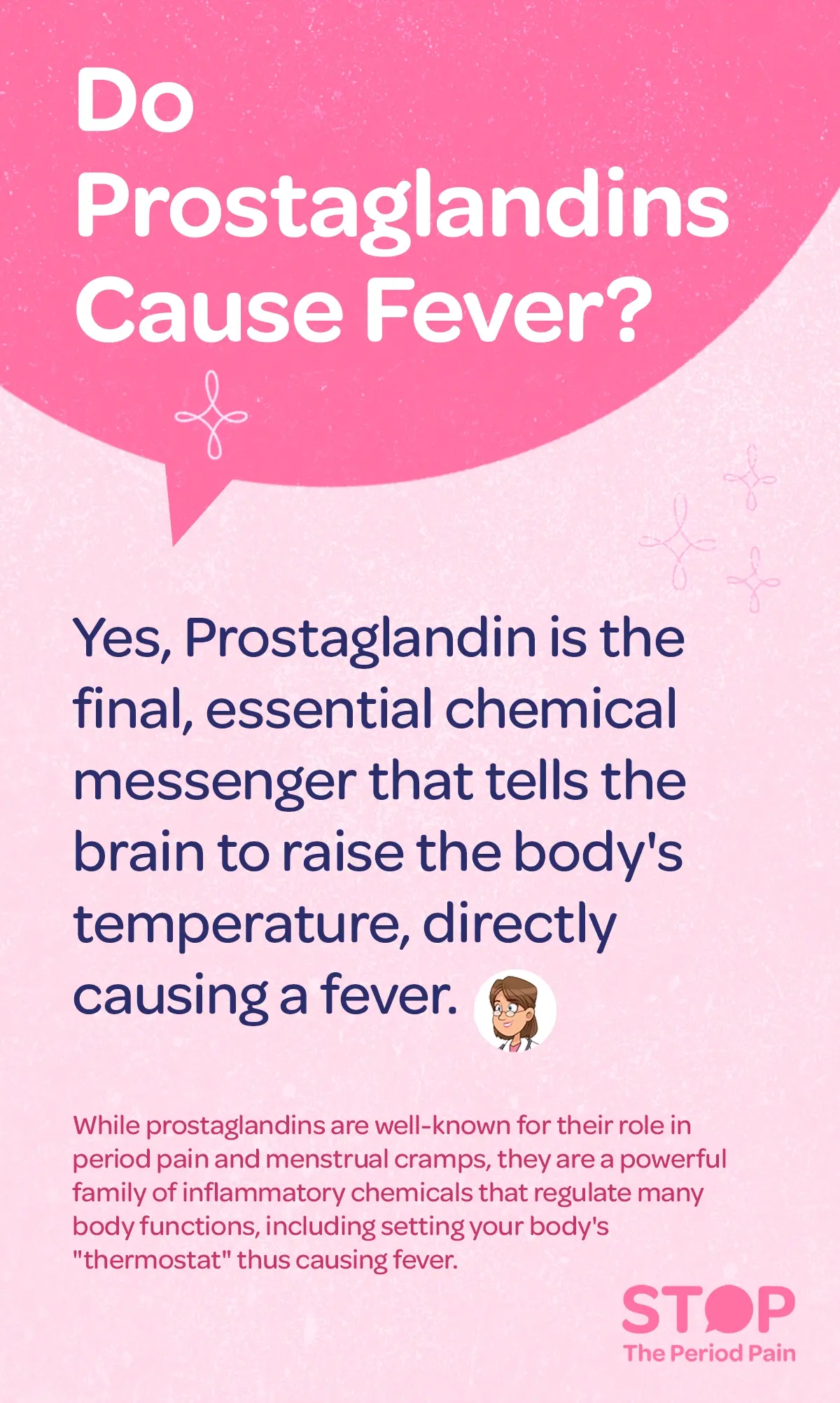 An infographic-style illustration showing how prostaglandins, key inflammatory chemicals, trigger fever in the body: a simplified human figure with the brain highlighted, and an arrow pointing from inflamed tissues releasing prostaglandins toward the hypothalamus, the brain’s temperature-regulating center. The graphic visually emphasizes prostaglandins as essential inflammatory messengers responsible for raising body temperature, with supportive icons symbolizing inflammation, menstrual cramps, and internal regulation to reflect their broader role in the body. The graphic portraits the campaign message "STOP The Period Pain." Which is a knowledge initiative campaign by Blue Cross Laboratories the makers of meftal spas