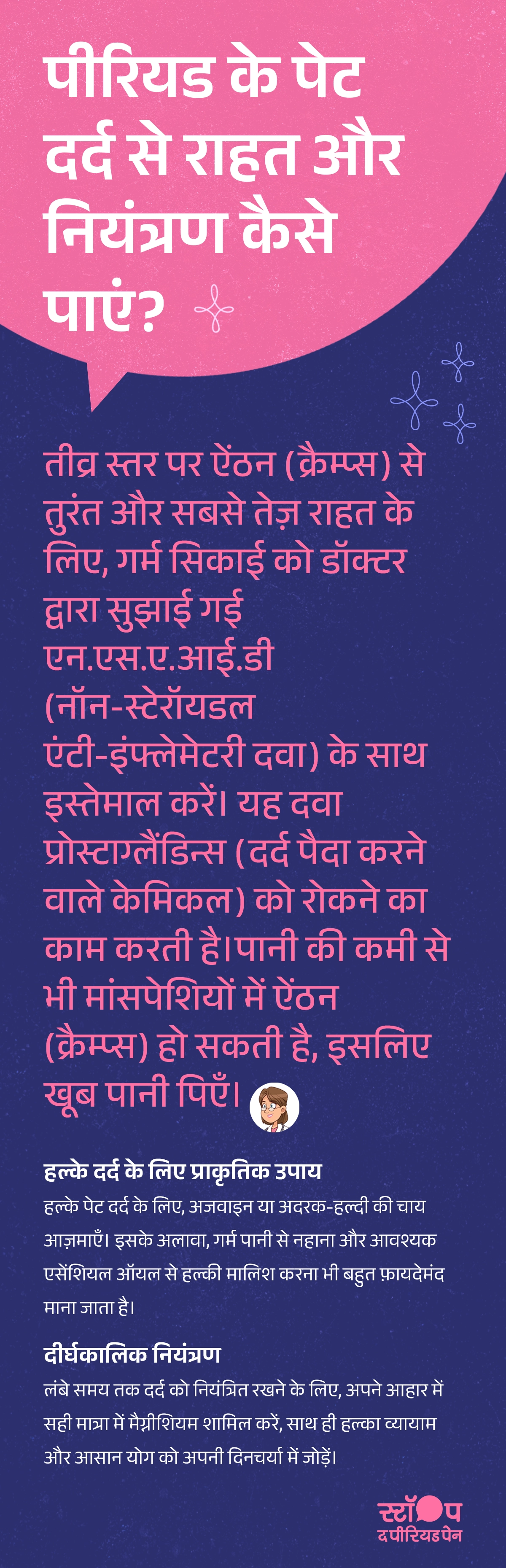 यह जानकारीपूर्ण हिंदी ग्राफ़िक “पीरियड के पेट दर्द से राहत और नियंत्रण कैसे पाएं?” शीर्षक के साथ दिखाता है कि कैसे पीरियड दर्द से तुरंत राहत, मासिक धर्म के पेट दर्द का इलाज और मासिक धर्म में ऐंठन से छुटकारा पाने के लिए तीव्र ऐंठन में गर्म सिकाई, डॉक्टर द्वारा सुझाई गई एन.एस.ए.आई.डी दवा और पर्याप्त पानी पीना उपयोगी है; हल्के दर्द में अजवाइन चाय, अदरक-हल्दी की चाय, गर्म पानी से स्नान और एसेंशियल ऑयल मसाज जैसे प्राकृतिक उपाय फायदेमंद हैं; वहीं दीर्घकालिक नियंत्रण के लिए संतुलित आहार, मैग्नीशियम युक्त भोजन, हल्का व्यायाम और योगासन शामिल करने से पीरियड क्रैम्प्स कंट्रोल रखे जा सकते हैं—चित्र में इन सभी चरणों को दर्शाते दृश्य जैसे गर्म पानी की थैली, हर्बल चाय का कप, योग करती महिला और हरी सब्ज़ियाँ दिखाए गए हैं, जो मासिक धर्म दर्द से राहत के घरेलू उपाय और सम्पूर्ण देखभाल का संदेश देते हैं। ग्राफ़िक का अंत अभियान संदेश "स्टॉप-द-पीरियडपेन" के साथ होता है, जो ब्लू क्रॉस लेबोरेटरीज़, यानी मेफ्टाल स्पास के निर्माता, द्वारा शुरू की गई एक जागरूकता पहल है।