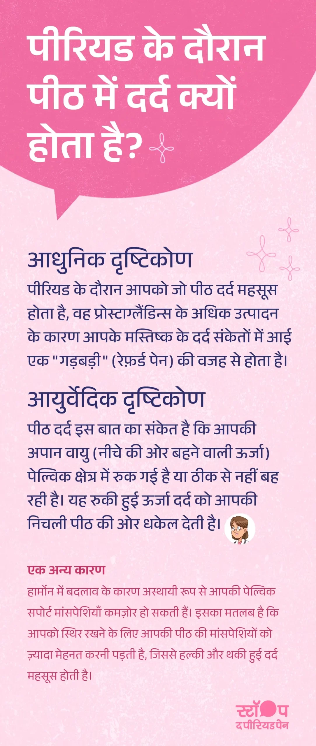 इस इमेज में पीरियड (मासिक धर्म) के दौरान पीठ दर्द के कारणों को तीन दृष्टिकोणों से समझाया गया है। सबसे पहले, आधुनिक दृष्टिकोण के तहत बताया गया है कि पीरियड के दौरान प्रोस्टाग्लैंडिन्स नामक रसायनों का अधिक उत्पादन होने से मस्तिष्क में दर्द के संकेतों में गड़बड़ी होती है, जिसे रेफ़र्ड पेन (दूसरे स्थान पर महसूस होने वाला दर्द) कहा जाता है, और यही मासिक धर्म दर्द और पीरियड में पीठ दर्द का मुख्य कारण बनता है। दूसरे, आयुर्वेदिक दृष्टिकोण में कहा गया है कि पीठ दर्द का आयुर्वेदिक कारण पेल्विक क्षेत्र में अपान वायु का रुक जाना या सही ढंग से न बहना है, जिससे ऊर्जा निचली पीठ की ओर धकेली जाती है और पीरियड के दौरान पीठ दर्द महसूस होता है। तीसरे, हार्मोनल बदलाव और पीठ दर्द के कारण पेल्विक सपोर्ट मांसपेशियाँ अस्थायी रूप से कमजोर हो सकती हैं, जिससे पीठ की मांसपेशियों को शरीर को स्थिर रखने के लिए अधिक मेहनत करनी पड़ती है और हल्का या थका हुआ दर्द महसूस होता है। इस प्रकार, यह इमेज पीरियड में पीठ दर्द का इलाज, मासिक धर्म के दौरान कमर दर्द और आयुर्वेदिक इलाज पीरियड दर्द समझने में मदद करती है। ग्राफ़िक का अंत अभियान संदेश "स्टॉप-द-पीरियडपेन" के साथ होता है, जो ब्लू क्रॉस लेबोरेटरीज़, यानी मेफ्टाल स्पास के निर्माता, द्वारा शुरू की गई एक जागरूकता पहल है।