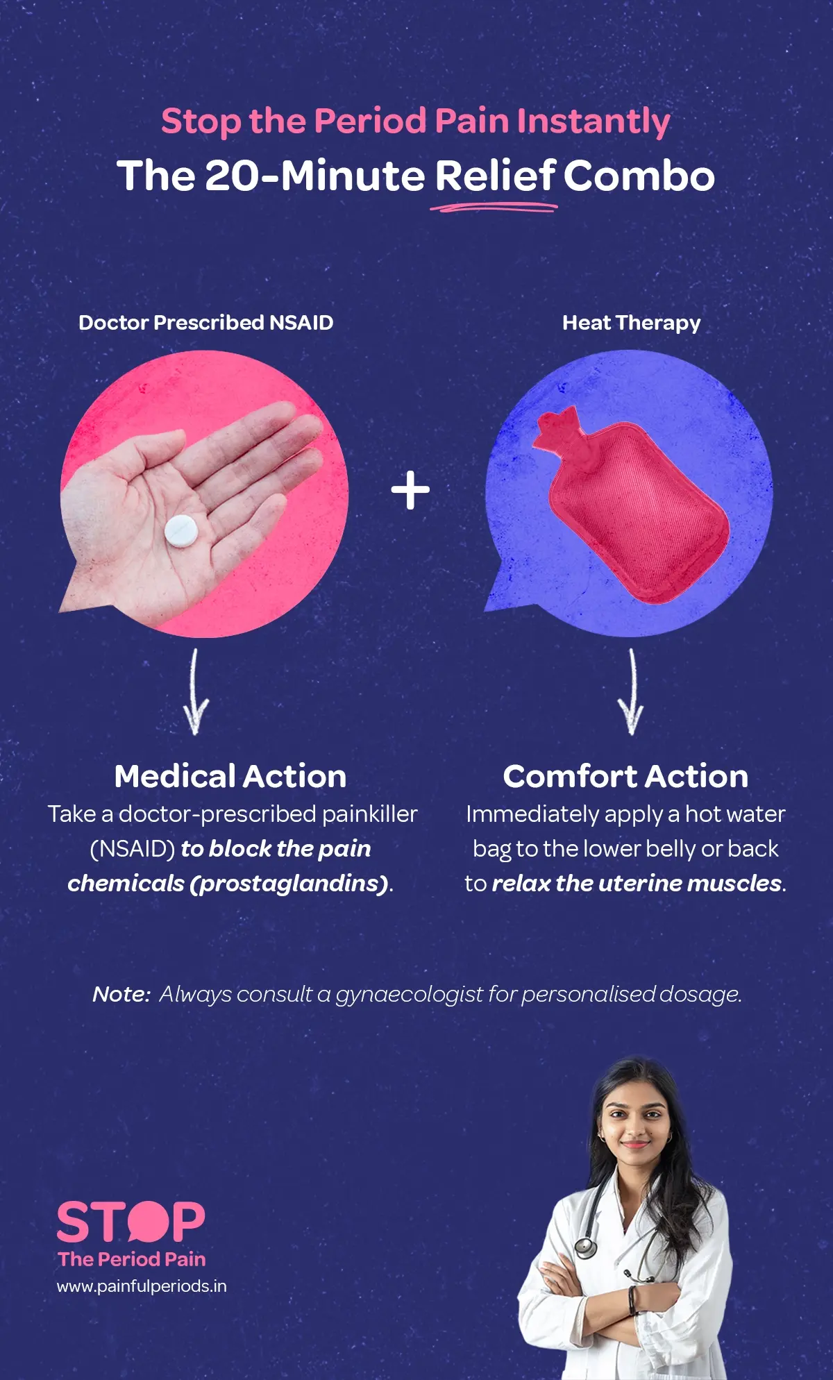 An infographic titled "Stop the period pain instantly: The 20-Minute Relief Combo" explaining a two-step approach for quick menstrual pain relief and fast relief from menstrual cramps. Step one advises taking a doctor-prescribed NSAID to block pain-causing prostaglandins. Step two recommends immediately applying a hot water bag for period cramps to the lower belly or back to relax uterine muscles. The text highlights the combination of medical pain management and heat therapy for menstrual pain as effective comfort actions. The design is clear and straightforward, focusing on effective menstrual cramp relief during menstruation. The graphic ends with the campaign message "STOP The Period Pain." Which is a knowledge initiative campaign by Blue Cross Laboratories the makers of meftal spas. The graphic ends with the campaign message "STOP The Period Pain." Which is a knowledge initiative campaign by Blue Cross Laboratories the makers of meftal spas.