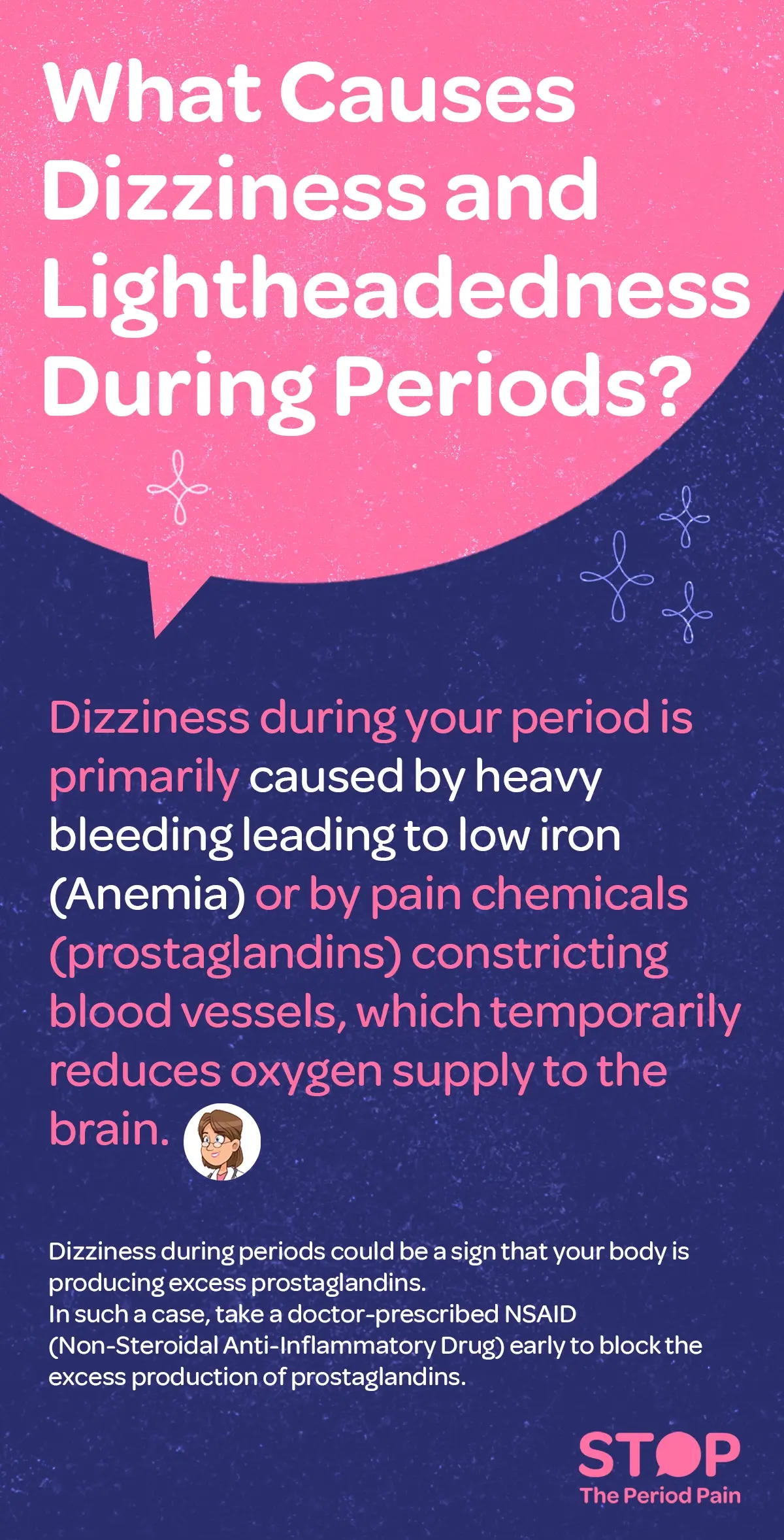 An educational infographic about menstrual dizziness titled “What Causes Dizziness and Lightheadedness During Periods?” The graphic explains that dizziness during menstruation is mainly caused by heavy menstrual bleeding, which can lead to low iron levels or anemia, and by prostaglandins—pain chemicals that constrict blood vessels and temporarily reduce oxygen supply to the brain. A smaller section below states that feeling lightheaded during your period can indicate the body is producing too many prostaglandins, and recommends taking a doctor-prescribed NSAID for menstrual pain relief (non-steroidal anti-inflammatory drug) early to block excess prostaglandin production. The design uses soft menstrual health infographic colors, with icons representing blood cells, the brain, and period pain relief medication. The graphic ends with the campaign message "STOP The Period Pain." Which is a knowledge initiative campaign by Blue Cross Laboratories the makers of meftal spas.