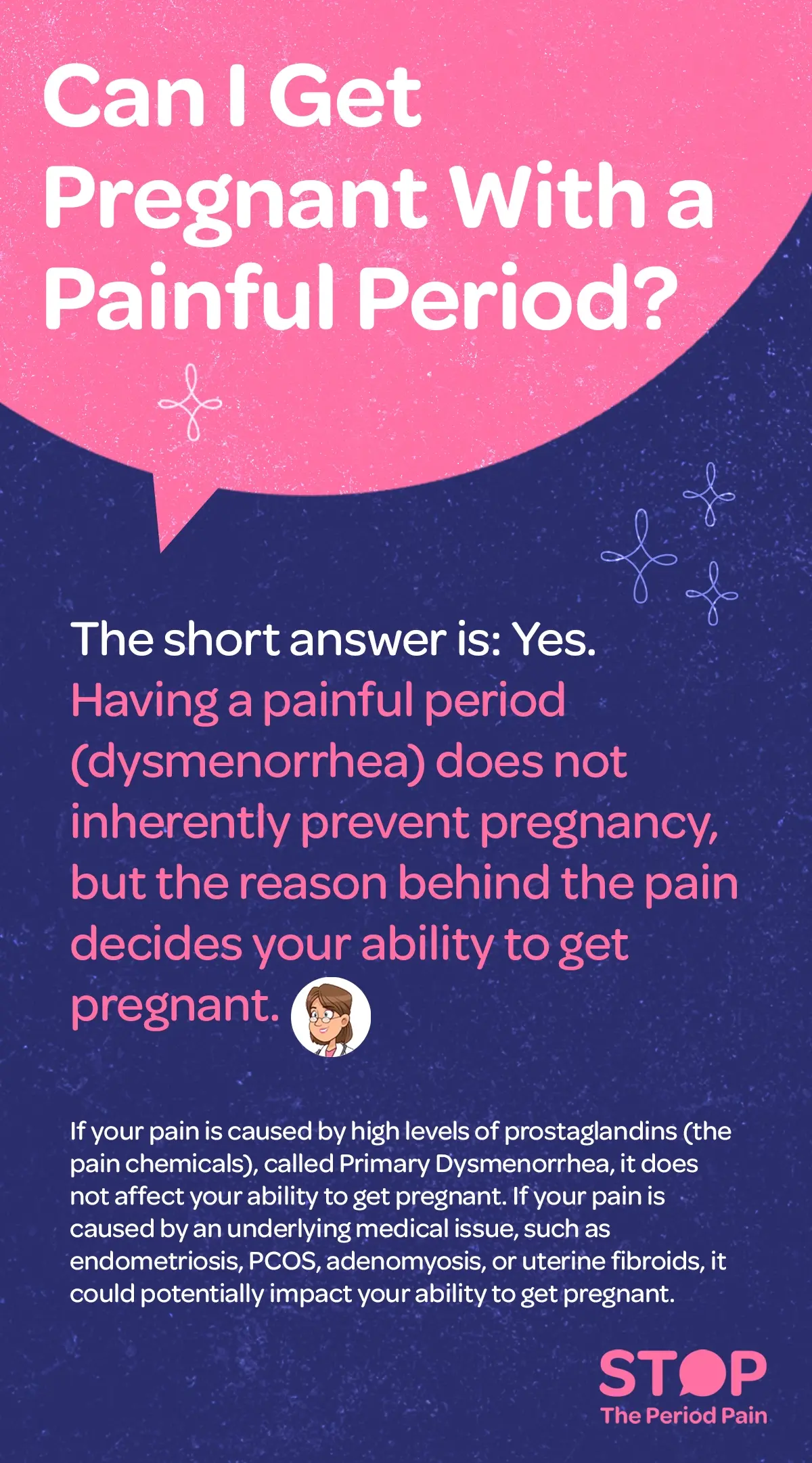 An educational graphic titled “Can I Get Pregnant With a Painful Period?”, addressing painful periods and pregnancy. The main message explains that the short answer is yes—having painful periods (dysmenorrhea) does not automatically prevent pregnancy or female fertility. The text clarifies that fertility and painful periods depend on the cause of the pain. It states that if the pain is due to high levels of prostaglandins, known as primary dysmenorrhea, it does not affect the ability to get pregnant or natural conception. The graphic then contrasts this with secondary dysmenorrhea, explaining that painful periods caused by underlying medical conditions—such as endometriosis and fertility, PCOS and pregnancy, adenomyosis, and uterine fibroids and fertility—may potentially impact the ability to conceive. The overall tone is informative and reassuring, focused on reproductive health education, menstrual health, and fertility awareness. The graphic portraits the campaign message "STOP The Period Pain." Which is a knowledge initiative campaign by Blue Cross Laboratories the makers of meftal spas.