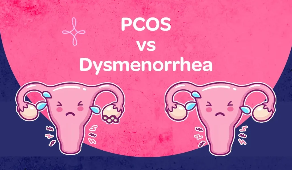 Illustrated graphic titled “PCOS vs Dysmenorrhea” on a pink background, showing two cartoon uteruses side by side with sad expressions and pain marks. Each uterus has ovaries depicted with small details, visually comparing PCOS and menstrual pain (dysmenorrhea)