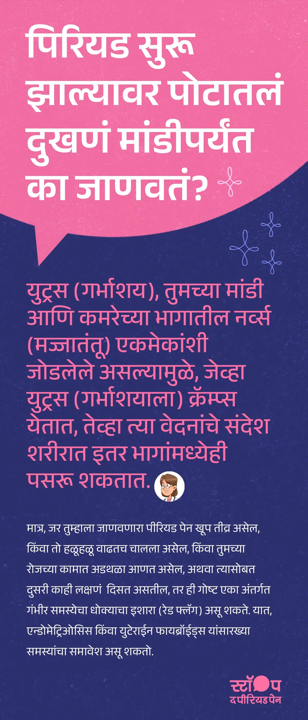 ही एक मराठी आरोग्य-जागरूकता इन्फोग्राफिक आहे ज्यामध्ये पिरियड पेनचे कारण, मासिक पाळीतील पोटदुखी, आणि डिसमेनोरिया याबद्दल माहिती दिली आहे. वर गुलाबी पार्श्वभूमीवर मोठ्या पांढऱ्या अक्षरांत “पिरियड सुरू झाल्यावर पोटातलं दुखणं मांडीपर्यंत का जाणवतं?” असा प्रश्न लिहिला आहे. खाली गडद निळ्या रंगावर गुलाबी अक्षरांत लिहिले आहे: “युट्रस (गर्भाशय), तुमच्या मांडी आणि कंबरच्या भागातील नर्स (मज्जातंतू) एकमेकांशी जोडलेले असल्यामुळे, जेव्हा युट्रस (गर्भाशयाला) क्रॅम्प्स येतात, तेव्हा त्या वेदनांचे संदेश शरीरात इतर भागांमध्येही पसरणू शकतात.” बाजूला महिला डॉक्टरचा आयकॉन आहे. खालच्या भागात पांढऱ्या अक्षरांत लिहिले आहे: “मात्र, जर तुम्हाला जाणवणारा पिरियड पेन खूप तीव्र असेल, किंवा तो हळूहळू वाढतच चालला असेल, किंवा तुमच्या रोजच्या कामात अडथळा आणत असेल, अथवा त्यासोबत दुसरी काही लक्षणं दिसत असतील, तर ही गोष्ट एका अंतर्गत गंभीर स्त्रीरोग समस्या चा धोका असल्याचा इशारा (रेड फ्लॅग) असू शकते. यात, एंडोमेट्रिओसिस, युटेराइन फायब्रॉइड्स, किंवा तीव्र पिरियड क्रॅम्प्सचे कारण यांसारख्या समस्यांचा समावेश असू शकतो.” उजव्या खालच्या कोपऱ्यात गुलाबी रंगातील लोगो “स्टॉप द पिरियड पेन” दिसतो. पार्श्वभूमीवर सजावटी ताऱ्यांचे चिन्ह आहेत. ग्राफिक तळाशी संपते या संदेशासह: “स्टॉप-द-पीरियडपेन.” हे ब्लू क्रॉस लॅबोरेटरीज् ( मेकर्स ऑफ मेफ्टाल स्पास ) यांचे महिला आरोग्य जागरूकता अभियान आहे.