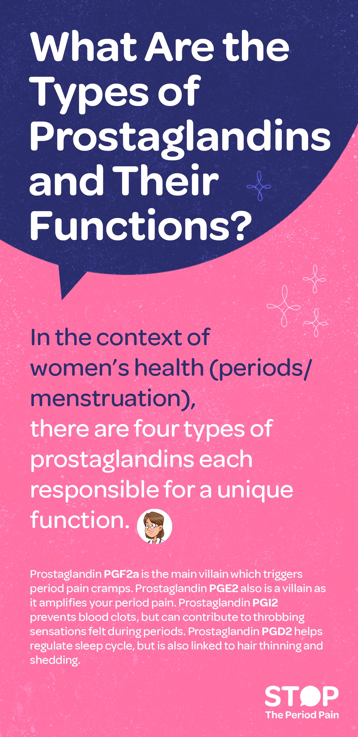 Educational graphic titled ‘types of prostaglandins and their functions’ focused on women’s health, menstrual cycle, and period pain. The text explains that there are four main types of prostaglandins during menstruation, each with a different role in menstrual health. Prostaglandin PGF2α, described as the primary cause of menstrual cramps, period cramps, and dysmenorrhea, is identified as the main trigger of period pain. Prostaglandin PGE2 is noted to increase and amplify menstrual pain, uterine contractions, and inflammation during periods. Prostaglandin PGI2 is explained as preventing blood clots during menstruation, while also contributing to throbbing sensations and pulsing period pain. Prostaglandin PGD2 is described as helping regulate the sleep cycle, while also being linked to hair thinning, hair shedding, and hormonal changes in women. The graphic portraits the campaign message "STOP The Period Pain." Which is a knowledge initiative campaign by Blue Cross Laboratories the makers of meftal spas.