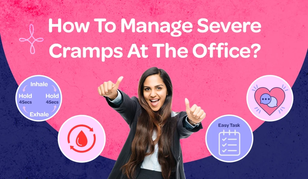 A clean, informative infographic titled “Managing Stress & Period Pain at Work” explains how workplace stress, period pain, and menstrual cramps are connected, showing that high stress can worsen cramps by increasing pain-causing prostaglandins, and outlines practical stress management at work strategies to support menstrual health and workplace wellbeing. The graphic is structured into four numbered sections with simple icons and step-by-step guidance: first, “Normalise the Conversation,” encouraging employees to let their manager or team know when they are unwell, highlighting period pain at work, menstrual health awareness, and how acknowledging pain reduces mental stress and leads to less pain signalling; second, “The 5-Minute Brain Break,” showing stepping away from a screen and practising box breathing, with inhale for four seconds, hold for four seconds, and exhale for four seconds, to support stress relief, nervous system regulation, and pain management; third, “Take Micro-Breaks,” recommending a two-minute walk every hour to improve blood circulation, reduce pelvic pressure, and ease menstrual discomfort during the workday; and fourth, “Prioritise Your To-Do List,” suggesting shifting high-pressure tasks and focusing on low-stress work to ease anxiety, support mental health at work, and manage painful periods. The infographic concludes with a highlighted “Golden Rule” stating that reducing stress levels helps reduce period pain, reinforcing the link between stress reduction and better menstrual wellbeing. The graphic portraits the campaign message "STOP The Period Pain." Which is a knowledge initiative campaign by Blue Cross Laboratories the makers of meftal spas