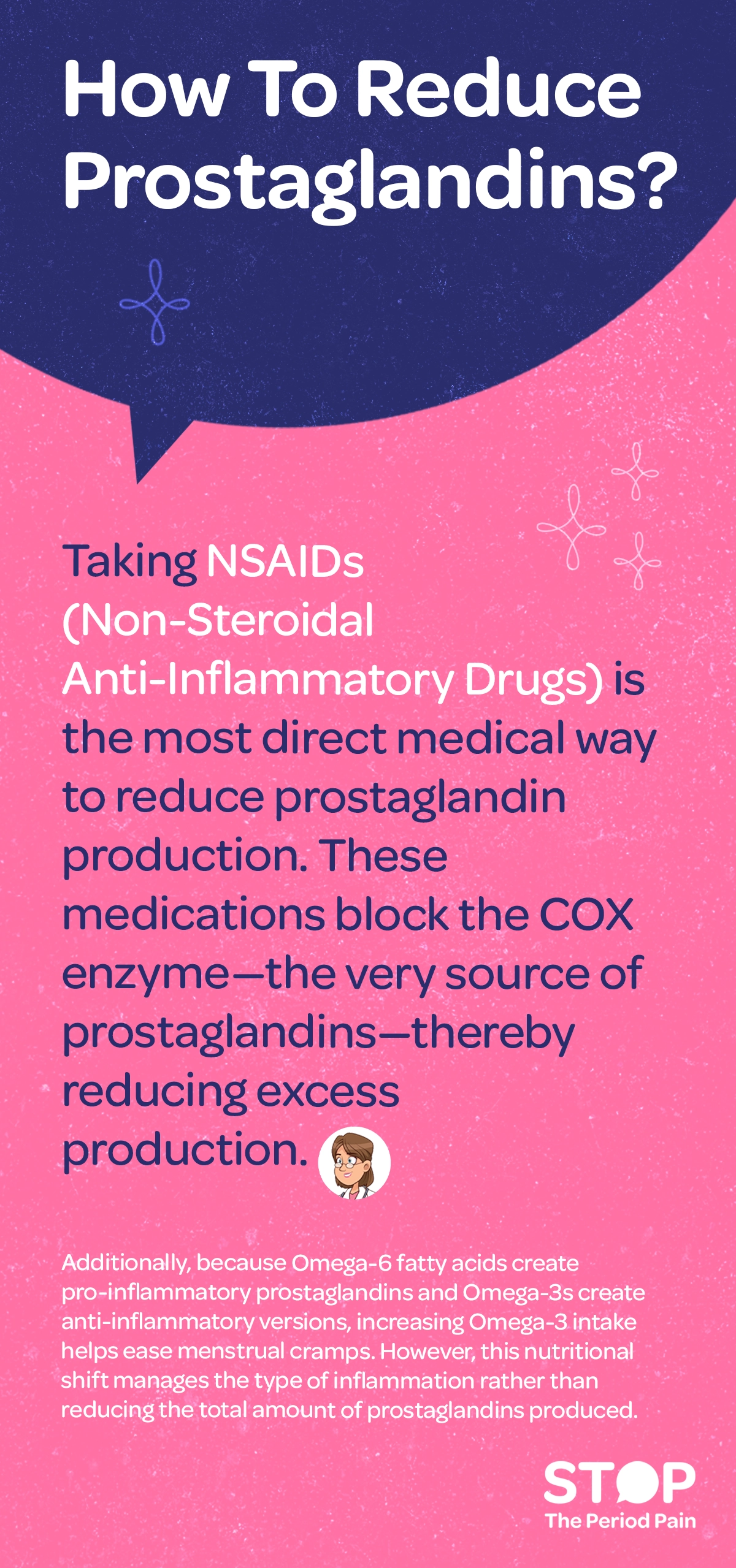 Educational text titled ‘How To Reduce Prostaglandins’, explaining how to reduce prostaglandins naturally and medically. The content explains two approaches. First, it states that taking NSAIDs (non-steroidal anti-inflammatory drugs) is the most direct medical way to reduce prostaglandin production, because these medications block the COX enzyme, which is responsible for prostaglandin synthesis, thereby lowering excess levels and helping relieve menstrual cramps and inflammation. Second, it explains that omega-6 fatty acids produce pro-inflammatory prostaglandins, while omega-3 fatty acids produce anti-inflammatory prostaglandins. Increasing omega-3 intake can help ease period pain, menstrual cramps, and inflammation, but this dietary change alters the type of prostaglandins produced rather than reducing the total prostaglandin levels in the body. The graphic portraits the campaign message "STOP The Period Pain." Which is a knowledge initiative campaign by Blue Cross Laboratories the makers of meftal spas
