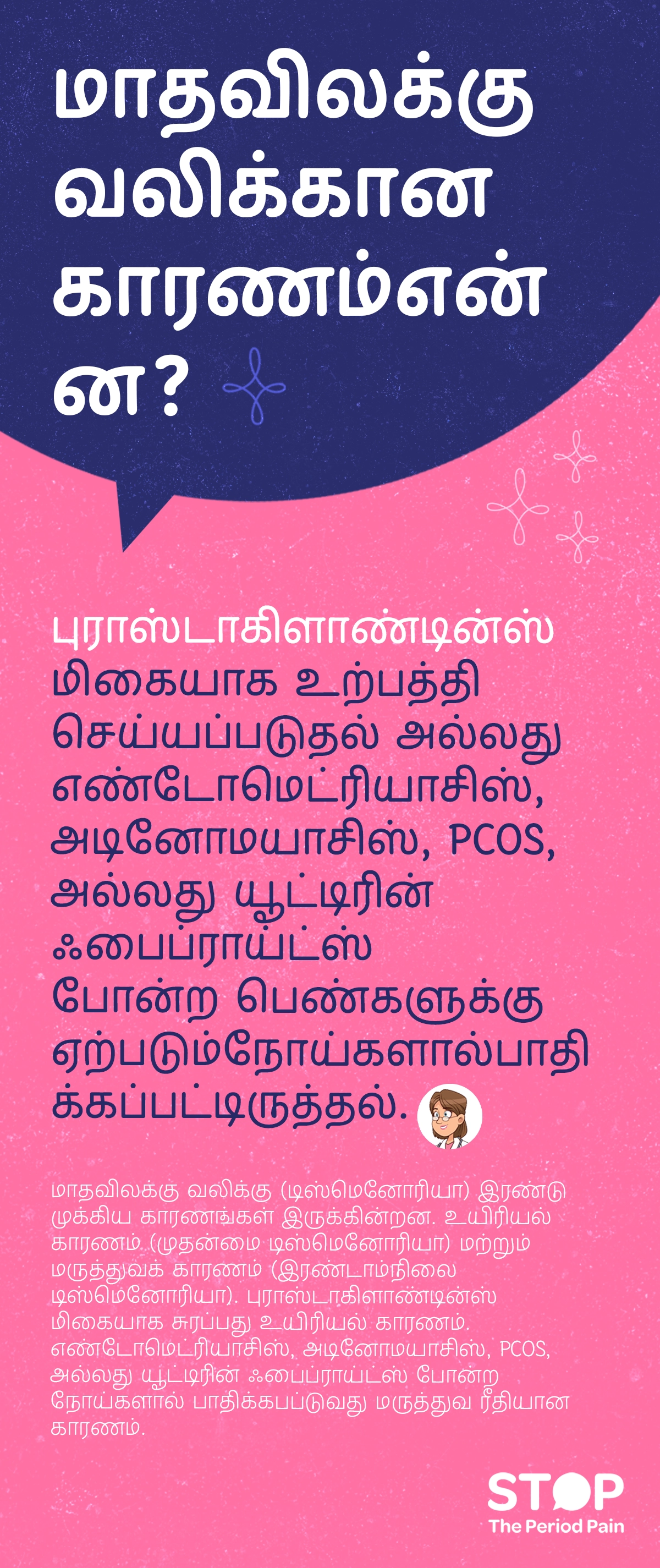 இந்த படத்தில் மாதவிலக்கு வலி காரணங்கள், மாதவிலக்கு வலி ஏன் ஏற்படுகிறது, பெண்களின் மாதவிலக்கு பிரச்சினைகள் குறித்து விளக்கும் தகவல் இடம்பெற்றுள்ளது. மேல் பகுதியில் பெரிய எழுத்துகளில் “மாதவிலக்கு வலிக்கான காரணம் என்ன?” என்ற தலைப்பு காணப்படுகிறது. அதன் கீழ், மாதவிலக்கு வலி, period pain in women, dysmenorrhea symptoms ஆகியவற்றிற்கான முக்கிய காரணங்களாக புராஸ்டாகிளாண்டின்ஸ் ஹார்மோன் மிகையாக உற்பத்தி ஆகுவது அல்லது பெண்களை பாதிக்கும் மகப்பேறு நோய்கள் குறிப்பிடப்பட்டுள்ளன. அவற்றில் எண்டோமெட்ரியாசிஸ், அடினோமயாசிஸ், PCOS (பாலிசிஸ்டிக் ஓவரி சிண்ட்ரோம்), மற்றும் யூட்டிரின் ஃபைப்ராய்ட்ஸ் போன்ற uterine disorders in women அடங்கும்.படத்தின் கீழ் பகுதியில், மாதவிலக்கு வலி (டிஸ்மெனோரியா), painful periods, period cramps causes இரண்டு முக்கிய வகை காரணங்களால் ஏற்படுகிறது என்று விளக்கப்பட்டுள்ளது. ஒன்று உயிரியல் காரணம், இது முதன்மை டிஸ்மெனோரியா என அழைக்கப்படுகிறது; இதில் புராஸ்டாகிளாண்டின்ஸ் அதிகமாக சுரப்பது முக்கிய காரணமாக குறிப்பிடப்படுகிறது. மற்றொன்று மருத்துவக் காரணம், இது இரண்டாம் நிலை டிஸ்மெனோரியா, secondary dysmenorrhea என குறிப்பிடப்படுகிறது; இதில் எண்டோமெட்ரியாசிஸ், அடினோமயாசிஸ், PCOS, மற்றும் யூட்டிரின் ஃபைப்ராய்ட்ஸ் போன்ற women reproductive health issues காரணமாக மாதவிலக்கு வலி ஏற்படுவது தெளிவாக விளக்கப்பட்டுள்ளது. இந்த படவிளக்கம் “STOP The Period Pain” (மாதவிடாய் வலியை நிறுத்துங்கள்) என்ற விழிப்புணர்வு செய்தியை வெளிப்படுத்துகிறது. இது மெஃப்டல் ஸ்பாஸ் (Meftal Spas) மருந்தை தயாரிக்கும் ப்ளூ கிராஸ் லேபரட்டரீஸ் (Blue Cross Laboratories) நிறுவனத்தால் தொடங்கப்பட்ட ஒரு அறிவு மற்றும் விழிப்புணர்வு முயற்சி ஆகும்.