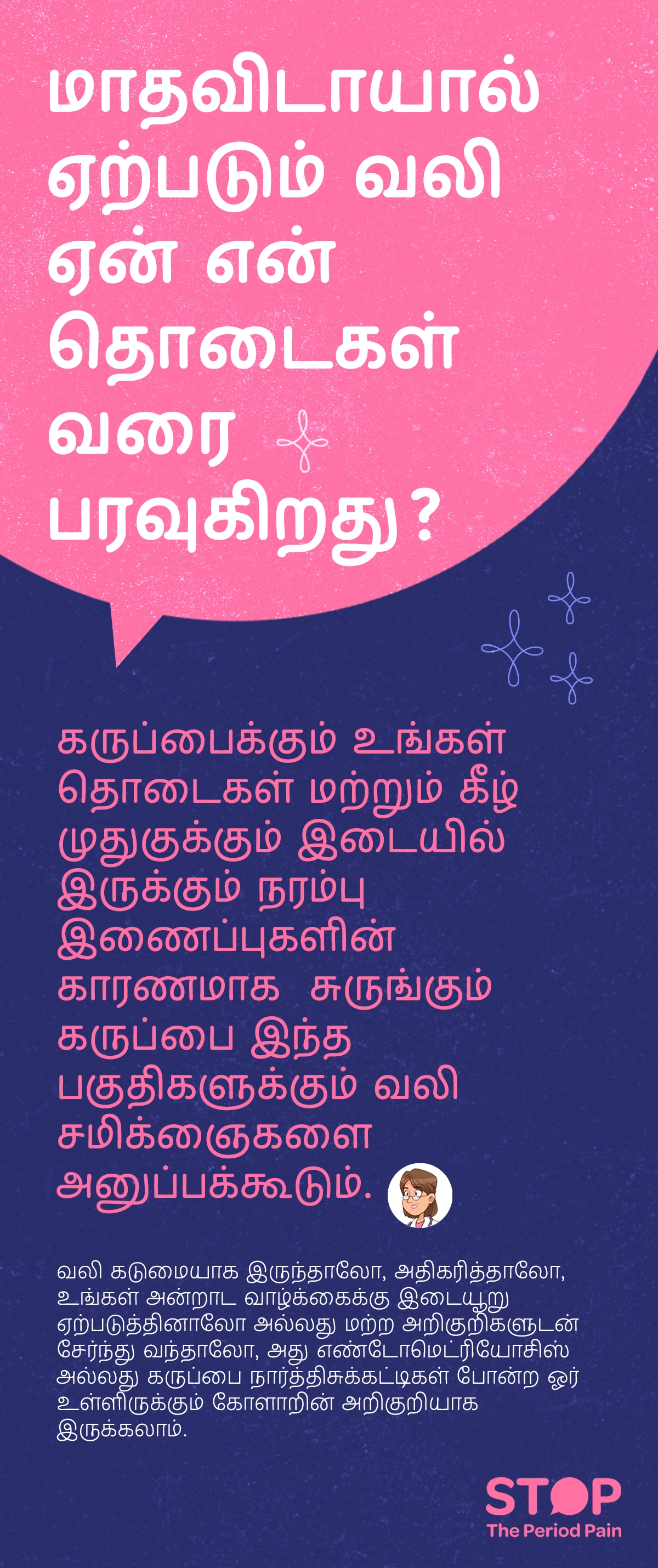 மாதவிடாய் காலத்தில் ஏற்படும் மாதவிடாய் வலி (Period Pain Tamil) எவ்வாறு தொடைகள் வலி (Thigh Pain during Periods) மற்றும் கீழ் முதுகு வலி (Lower Back Pain in Periods) வரை பரவுகிறது என்பதை விளக்கும் ஒரு தகவல் படிமம். படத்தில் கருப்பை (Uterus Anatomy Tamil), அதனுடன் இணைந்த நரம்பு இணைப்புகள் (Pelvic Nerve Connections), தொடைகள் மற்றும் கீழ் முதுகு பகுதிகள் காட்டப்படுகின்றன. கருப்பை சுருங்கும் போது, கருப்பைக்கும் தொடைகள் மற்றும் கீழ் முதுகுக்கும் இடையில் உள்ள பொதுவான நரம்பு இணைப்புகள் வழியாக மாதவிடாய் வலி சமிக்ஞைகள் (Menstrual Pain Signals) பரவுவதால், வலி இந்த பகுதிகளில் உணரப்படலாம் என்பதைக் காட்டுகிறது. மேலும், வலி மிகக் கடுமையாக இருந்தால், தொடர்ந்து அதிகரித்தால், அன்றாட வாழ்க்கையை பாதித்தால் அல்லது மற்ற அறிகுறிகளுடன் (அதிக இரத்தப்போக்கு, நீடித்த மாதவிடாய் வலி (Chronic Period Pain) போன்றவை) சேர்ந்தால், அது எண்டோமெட்ரியோசிஸ் அறிகுறிகள் (Endometriosis Symptoms Tamil) அல்லது கருப்பை நார்த்திசுக்கட்டிகள் (Uterine Fibroids Tamil) போன்ற உள்ளிருக்கும் பெண்கள் இனப்பெருக்க ஆரோக்கிய கோளாறுகள் (Women’s Reproductive Health Issues) அறிகுறியாக இருக்கலாம் என்பதையும் படிமம் விளக்குகிறது. இந்த படவிளக்கம் “STOP The Period Pain” (மாதவிடாய் வலியை நிறுத்துங்கள்) என்ற விழிப்புணர்வு செய்தியை வெளிப்படுத்துகிறது. இது மெஃப்டல் ஸ்பாஸ் (Meftal Spas) மருந்தை தயாரிக்கும் ப்ளூ கிராஸ் லேபரட்டரீஸ் (Blue Cross Laboratories) நிறுவனத்தால் தொடங்கப்பட்ட ஒரு அறிவு மற்றும் விழிப்புணர்வு முயற்சி ஆகும்.