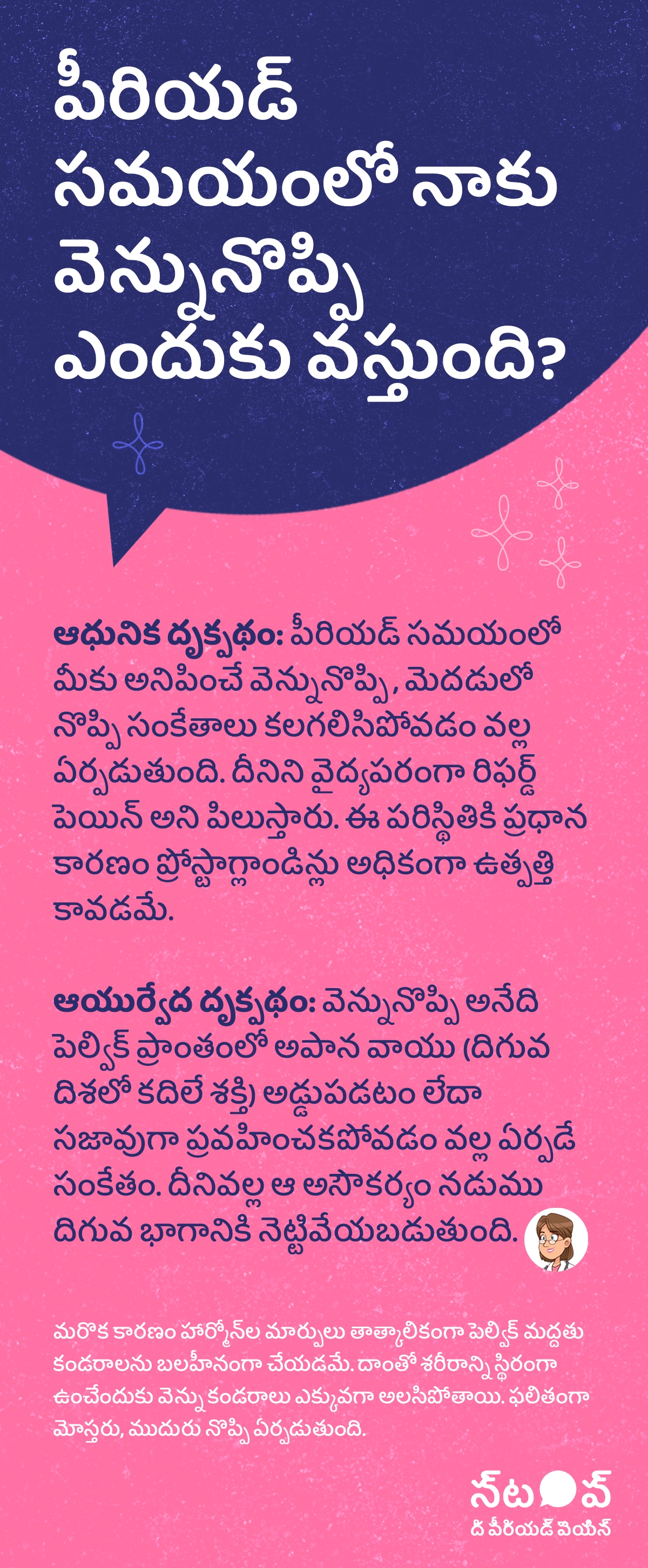 ఈ చిత్రం పీరియడ్ సమయంలో వెన్నునొప్పి కారణాలు, period back pain reasons, menstrual lower back pain, రుతస్రావ వెన్నునొప్పి, period pain symptoms గురించి వివరించే సమాచార గ్రాఫిక్‌గా కనిపిస్తుంది. ఇందులో ఆధునిక దృక్పథం ప్రకారం పీరియడ్ సమయంలో అనిపించే వెన్నునొప్పి, మెదడులో నొప్పి సంకేతాలు కలగలిసిపోవడం వల్ల ఏర్పడే రిఫర్డ్ పెయిన్ (referred pain) అని, దీనికి ప్రధాన కారణం ప్రోస్టాగ్లాండిన్లు అధిక ఉత్పత్తి (excess prostaglandins during periods) అని వివరించబడింది. ఆయుర్వేద దృక్పథం ప్రకారం, ఇది పెల్విక్ ప్రాంతంలో అపాన వాయు అసమతుల్యత (apana vayu imbalance) వల్ల ఏర్పడుతుందని, ఆ అసౌకర్యం నడుము దిగువ భాగానికి వ్యాపిస్తుందని పేర్కొనబడింది. అదనంగా, హార్మోన్ మార్పులు (hormonal changes during periods) తాత్కాలికంగా పెల్విక్ మద్దతు కండరాలను బలహీనపరచడం వల్ల వెన్ను కండరాలు ఎక్కువగా ఒత్తిడికి లోనై lower back muscle pain during periods కలుగుతుందని వివరించబడింది.ఈ గ్రాఫిక్‌లో “పీరియడ్ నొప్పిని ఆపండి (STOP The Period Pain)” అనే ప్రచార సందేశం చూపించబడింది. ఇది Blue Cross Laboratories సంస్థ నిర్వహిస్తున్న అవగాహన కార్యక్రమం. ఈ సంస్థ Meftal-Spas ఔషధ తయారీదారులు.