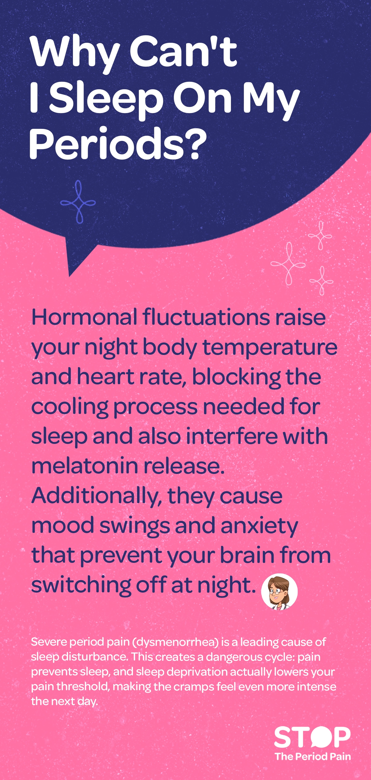 A clean, educational infographic titled “Why Can’t I Sleep On My Periods?” explains how period insomnia, sleep problems during menstruation, and menstrual cycle sleep disruption occur, using soft red and pink tones with simple medical-style illustrations. The first section shows a female silhouette at night with small heat waves and a heart icon near the chest, visually representing hormonal fluctuations during periods that raise body temperature and heart rate, block the body’s natural cooling process needed for sleep, and interfere with melatonin release; nearby icons of a clouded brain and anxious facial expression illustrate PMS symptoms, period anxiety at night, and mood swings that keep the mind from switching off, contributing to trouble sleeping on your period. The second section highlights severe period pain (dysmenorrhea), depicting a person curled up holding their lower abdomen with zigzag lines indicating menstrual cramps at night, alongside a broken moon-and-stars sleep symbol to show sleep disturbance during periods. A circular arrow graphic emphasizes the “dangerous cycle,” demonstrating how period pain and insomnia are linked—pain prevents sleep, and sleep deprivation lowers pain tolerance, making cramps feel more intense the following day.The graphic portraits the campaign message "STOP The Period Pain." Which is a knowledge initiative campaign by Blue Cross Laboratories the makers of meftal spas