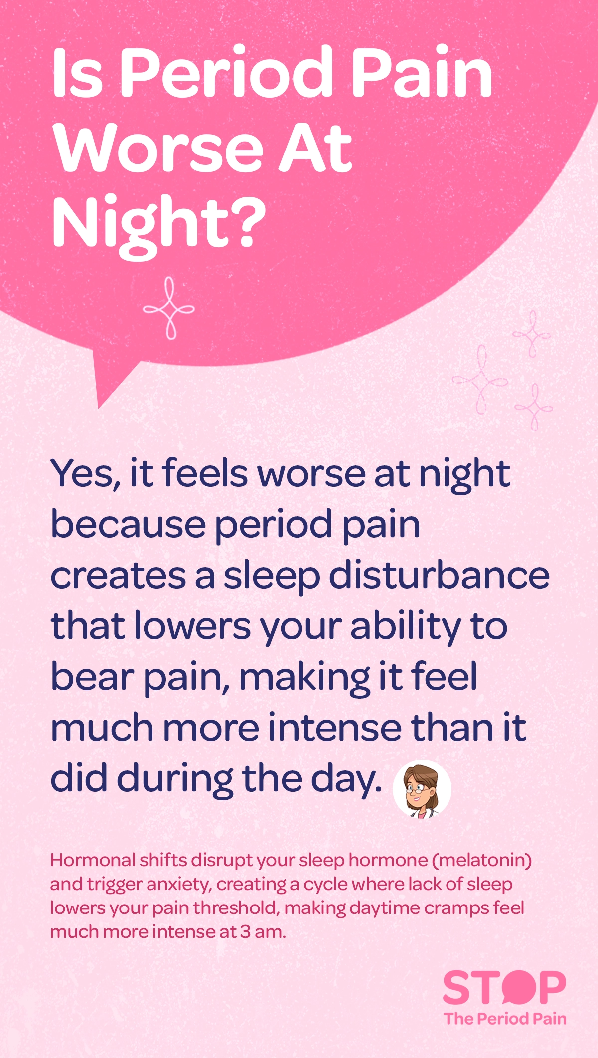 A text graphic with the bold heading “Is Period Pain Worse At Night?” at the top, followed by an explanatory paragraph in clear, readable font. The body text states that period pain, menstrual cramps at night, and nighttime period cramps can feel worse at night because period pain creates sleep disturbance and poor sleep quality, lowering your ability to bear pain and reducing your pain tolerance, making it feel much more intense than it did during the day. It further explains that hormonal shifts during menstruation disrupt your sleep hormone (melatonin) and trigger period anxiety, creating a cycle where lack of sleep lowers your pain threshold, making daytime menstrual cramps feel much more intense at 3 am, especially during the menstrual cycle. The graphic portraits the campaign message "STOP The Period Pain." Which is a knowledge initiative campaign by Blue Cross Laboratories the makers of meftal spas.