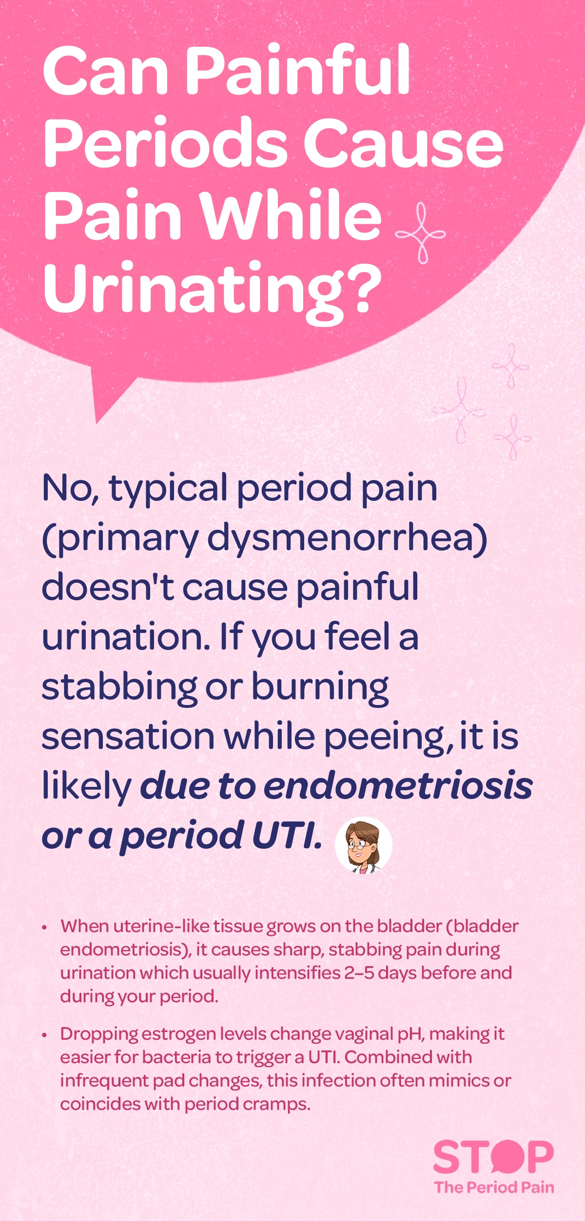 An educational graphic with the heading “Can painful periods cause pain while urinating?” explains that typical period pain (primary dysmenorrhea) does not cause painful urination, clarifying that a stabbing or burning sensation while peeing is more likely linked to painful urination causes, burning urination during period, endometriosis symptoms, or a UTI during period. It describes bladder endometriosis as a condition where uterine-like tissue grows on the bladder, leading to sharp, stabbing pain during urination that worsens 2–5 days before and during menstruation, aligning with bladder endometriosis pain and pain before period urination. The graphic also explains that dropping estrogen levels can change vaginal pH, increasing susceptibility to bacterial infections and urinary tract infection symptoms, especially with infrequent pad changes, and notes that such infections can mimic or coincide with period cramps vs UTI pain, women’s health urinary issues, and menstrual health problems. The graphic ends with the campaign message "STOP The Period Pain." Which is a knowledge initiative campaign by Blue Cross Laboratories the makers of meftal spas.