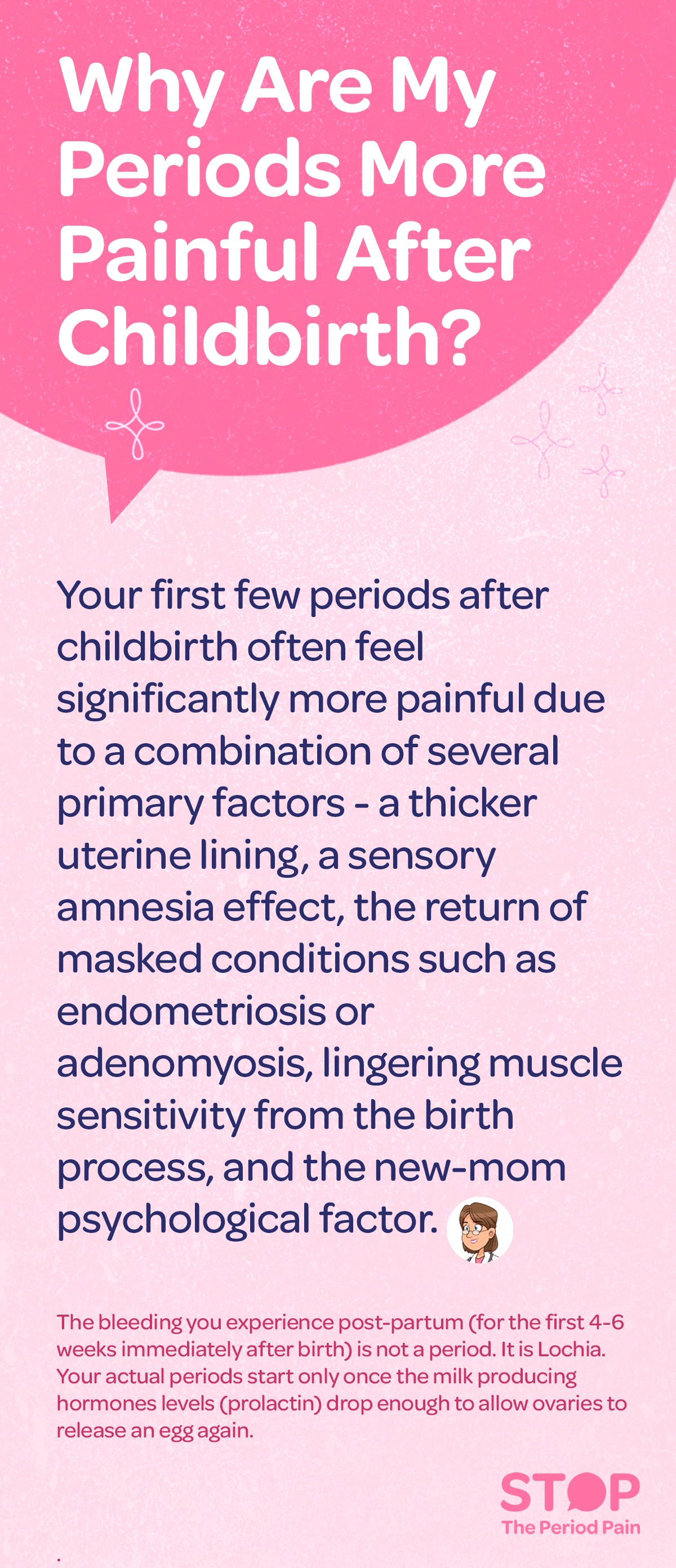 A text-based educational graphic titled “Why Are My Periods More Painful After Childbirth?” explains that the first few periods after giving birth can feel more painful due to several factors, including a thicker uterine lining, a temporary change in pain perception (sensory amnesia effect), the return of previously hidden conditions like endometriosis or adenomyosis, lingering muscle sensitivity from childbirth, and psychological changes associated with new motherhood; it also clarifies that bleeding in the first 4–6 weeks after birth is not a period but a normal discharge called lochia, and that true menstrual cycles resume only once levels of the milk-producing hormone prolactin decrease enough to allow ovulation again, with the overall tone being informative and educational. The graphic ends with the campaign message "STOP The Period Pain." Which is a knowledge initiative campaign by Blue Cross Laboratories the makers of meftal spas.