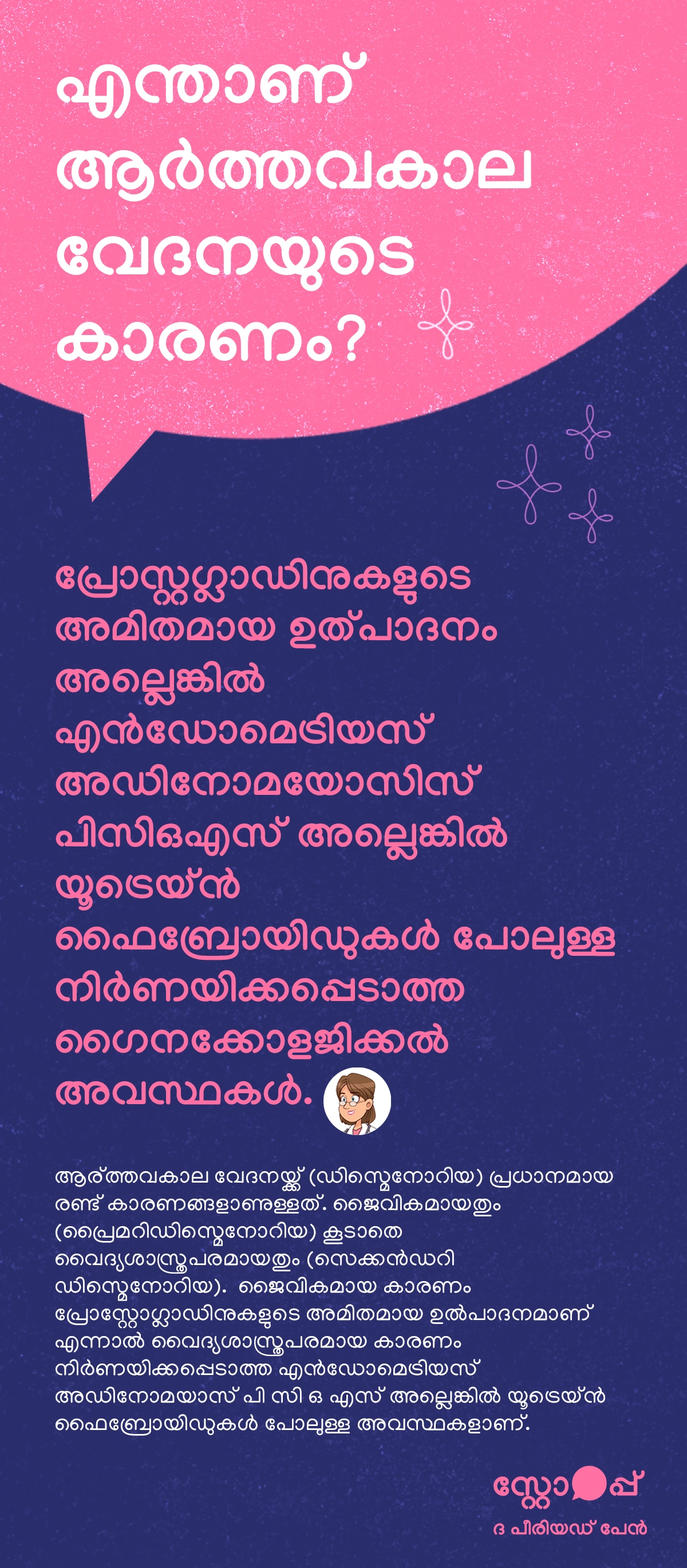 ആർത്തവകാല വേദനയെക്കുറിച്ചുള്ള വിവരങ്ങൾ അവതരിപ്പിക്കുന്ന ഒരു വിദ്യാഭ്യാസ ഗ്രാഫിക്. മുകളിൽ വലിയ തലക്കെട്ടായി “എന്താണ് ആർത്തവകാല വേദനയുടെ കാരണം?” എന്ന് എഴുതിയിരിക്കുന്നു. അതിന് താഴെ വിശദീകരണമായി, പ്രോസ്റ്റഗ്ലാഡിനുകളുടെ അമിതമായ ഉൽപാദനം അല്ലെങ്കിൽ എൻഡോമെട്രിയോസിസ്, അഡിനോമയോസിസ്, പി.സി.ഒ.എസ്, യൂട്രെയ്ൻ ഫൈബ്രോയിഡുകൾ പോലുള്ള നിർണയിക്കപ്പെടാത്ത ഗൈനക്കോളജിക്കൽ അവസ്ഥകൾ എന്നിവ ആർത്തവകാല വേദനയ്ക്ക് കാരണമാകാമെന്ന് പറയുന്നു. തുടർന്ന്, ആർത്തവകാല വേദന (ഡിസ്മെനോറിയ) രണ്ട് പ്രധാന വിഭാഗങ്ങളായി തിരിക്കുന്നുവെന്ന് വിശദീകരിക്കുന്നു: ജൈവിക കാരണം (പ്രൈമറി ഡിസ്മെനോറിയ)യും വൈദ്യശാസ്ത്രപരമായ കാരണം (സെക്കൻഡറി ഡിസ്മെനോറിയ)യും. ജൈവിക കാരണമായി പ്രോസ്റ്റഗ്ലാഡിനുകളുടെ അമിതമായ ഉൽപാദനം ചൂണ്ടിക്കാണിക്കുന്നു. വൈദ്യശാസ്ത്രപരമായ കാരണമായി എൻഡോമെട്രിയോസിസ്, അഡിനോമയോസിസ്, പി.സി.ഒ.എസ്, യൂട്രെയ്ൻ ഫൈബ്രോയിഡുകൾ പോലുള്ള അവസ്ഥകൾ ഉദാഹരണമായി നൽകിയിരിക്കുന്നു. മുഴുവൻ ഉള്ളടക്കവും വിവരപ്രദമായ രീതിയിൽ, ആർത്തവകാല വേദനയുടെ വിവിധ കാരണങ്ങളെ വ്യക്തമായി വ്യക്തമാക്കുന്നു.