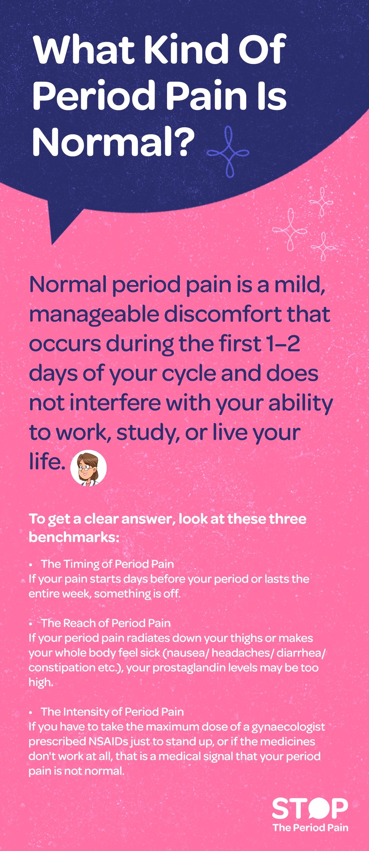 A text-based informational graphic titled “What Kind Of Period Pain Is Normal?” explains that normal period pain is a mild, manageable discomfort occurring during the first 1–2 days of the menstrual cycle that does not interfere with daily activities like work or study, and outlines three benchmarks to assess it: the timing of period pain (noting that pain starting days before a period or lasting the entire week may indicate an issue), the reach of period pain (highlighting that pain radiating down the thighs or causing whole-body symptoms like nausea, headaches, diarrhea, or constipation may suggest high prostaglandin levels), and the intensity of period pain (stating that needing maximum doses of gynaecologist-prescribed NSAIDs just to function or experiencing no relief from medication signals abnormal pain), presented in a clean, text-focused design with no imagery, while naturally incorporating high-intent keywords such as normal period pain, menstrual cramps relief, what is normal period pain, period pain symptoms, painful periods causes, severe menstrual cramps, period pain intensity, and when period pain is not normal.