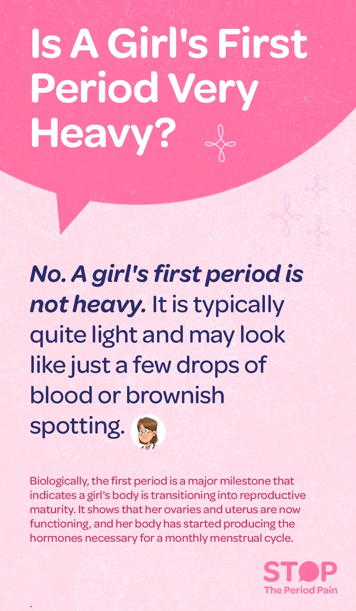 A text-based educational infographic titled “Is A Girl’s First Period Very Heavy?” explains that a girl’s first period, also known as menarche, is usually not heavy and is typically light, appearing as a few drops of blood or brownish spotting. The infographic states that most girls in India experience their first menstrual period between the ages of 11 and 14, with the average age being 13, and describes menarche as a key stage in reproductive maturity when the ovaries and uterus begin functioning and hormone production for the menstrual cycle starts. It further outlines what the first 3 to 4 periods are usually like, including irregular gaps between periods, changing menstrual flow patterns ranging from light spotting to slightly heavier bleeding lasting a few days, and mild symptoms such as stomach cramps or lower back pain. A cautionary note advises that a very heavy first period is not considered normal and requires immediate medical consultation. The infographic uses a clean, text-focused layout with no imagery while naturally incorporating high-intent keywords such as first period flow, is first period heavy, menarche symptoms, first menstrual cycle, first period spotting, irregular periods in teenage girls, heavy first period causes, puberty and menstruation, and what to expect during first period.