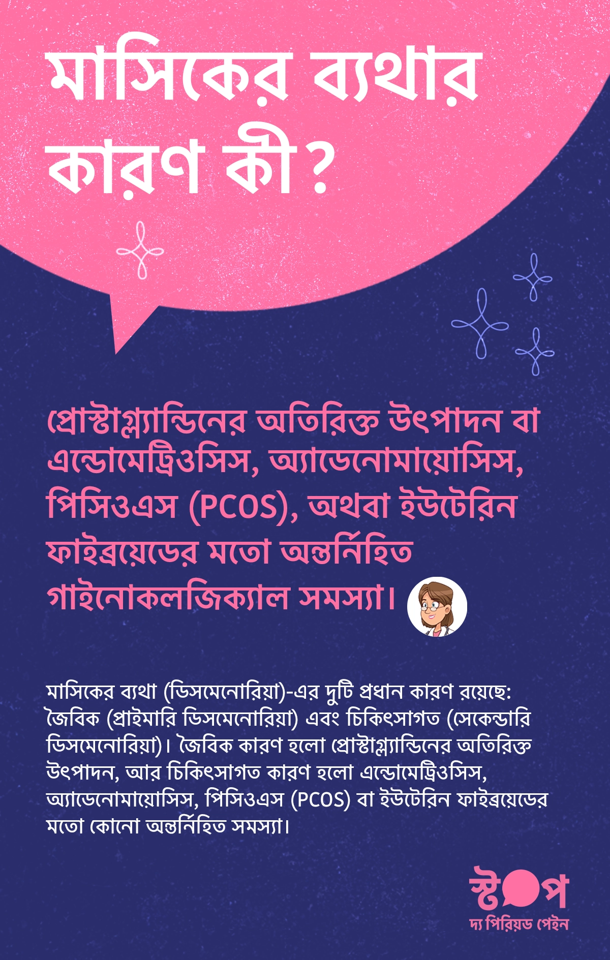 মাসিকের ব্যথার কারণ ব্যাখ্যা করা ইনফোগ্রাফিক যেখানে প্রাইমারি ও সেকেন্ডারি ডিসমেনোরিয়া, প্রোস্টাগ্ল্যান্ডিন এবং এন্ডোমেট্রিওসিস, PCOS-এর মতো চিকিৎসাগত কারণ তুলে ধরা হয়েছে।