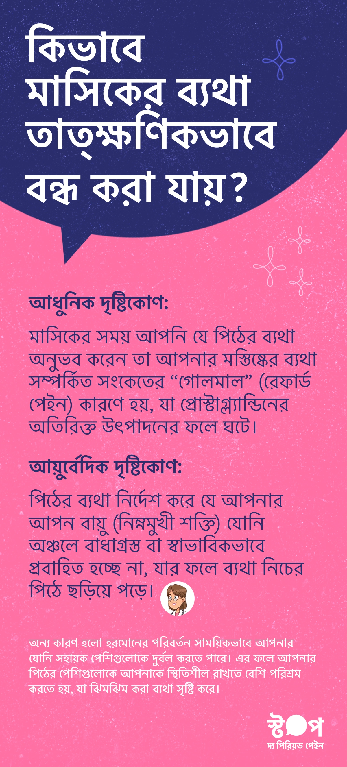 মাসিকের সময় পিঠে ব্যথার কারণ ব্যাখ্যা করা ইনফোগ্রাফিক যেখানে প্রোস্টাগ্ল্যান্ডিন, রেফার্ড পেইন, জরায়ুর সংকোচন, হরমোনের পরিবর্তন এবং আয়ুর্বেদ অনুযায়ী আপান বায়ুর ভূমিকা তুলে ধরা হয়েছে।