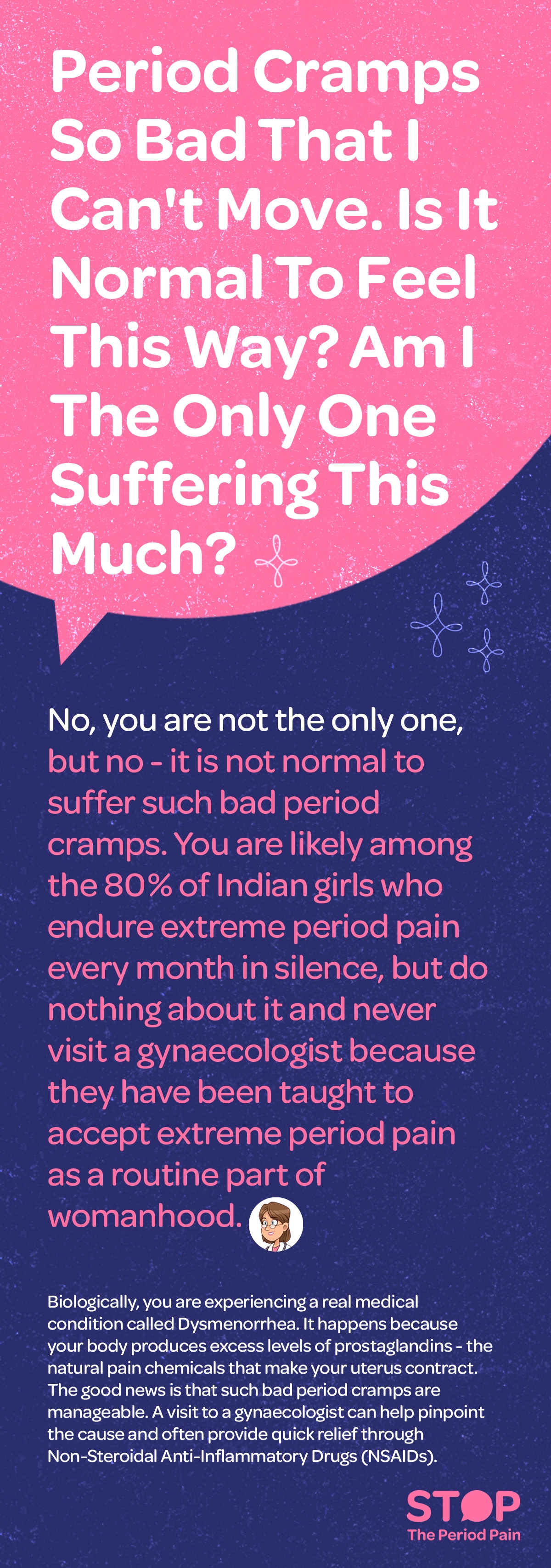 The card addresses severe menstrual cramps and asks whether it is normal to experience period pain so intense that it prevents someone from moving, and whether they are alone in suffering this much. The response reassures the reader that they are not alone but explains that debilitating period cramps should not be accepted as a routine part of menstruation. It states that severe menstrual pain may be a medical condition called dysmenorrhea, associated with elevated levels of prostaglandins, which cause the uterus to contract and can produce intense pain. The card notes that many Indian girls reportedly experience extreme period pain but may not seek medical care because they have been taught to consider severe cramps normal. It ends with a reassuring message that severe period cramps can often be managed and recommends consulting a gynaecologist to identify the underlying cause and discuss treatments, including non-steroidal anti-inflammatory drugs (NSAIDs) that can provide pain relief.