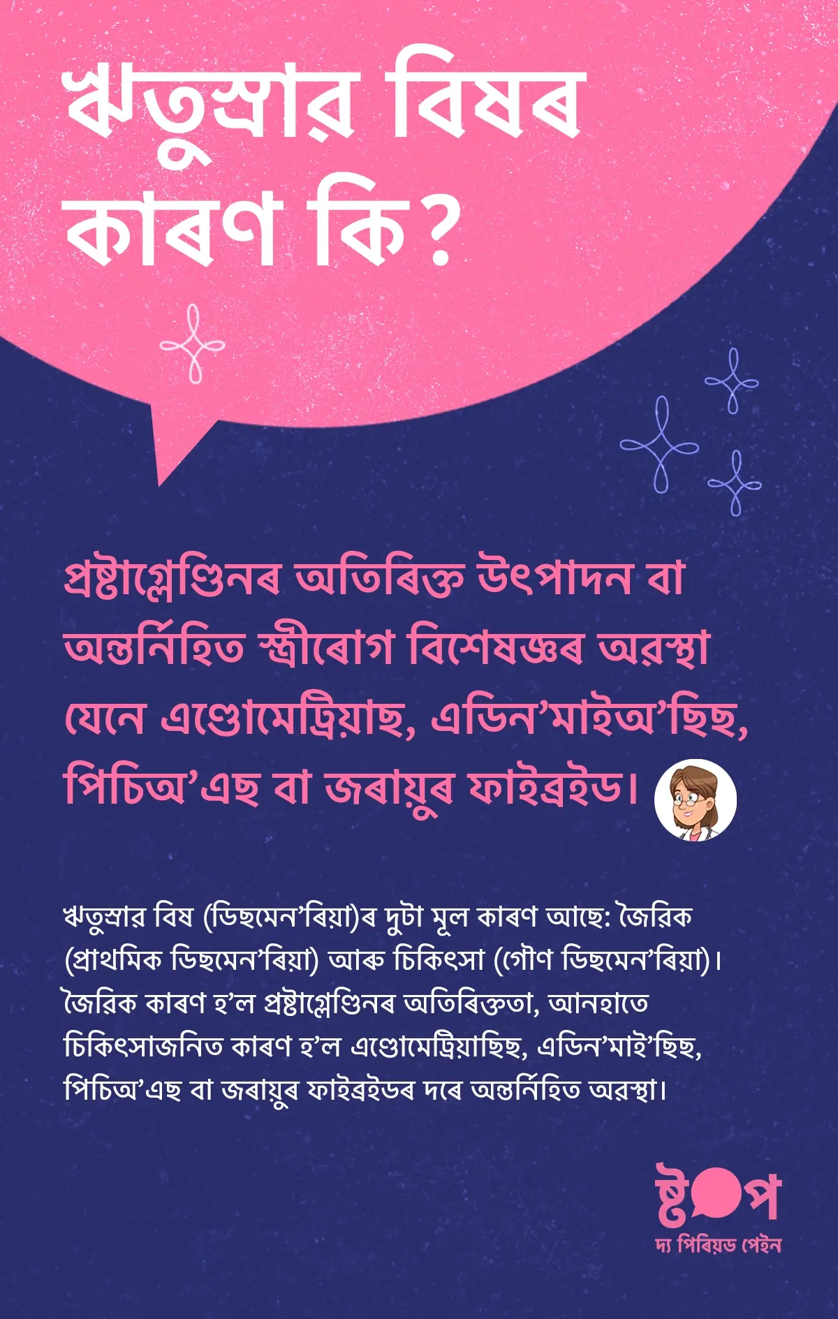 ঋতুস্ৰাৱৰ বিষৰ জৈৱিক আৰু চিকিৎসাজনিত কাৰণসমূহ, প্ৰষ্টাগ্লেণ্ডিনৰ ভূমিকা, এণ্ডোমেট্ৰিঅ’ছিছ, এডিন’মাই’অ’ছিছ, PCOS আৰু জৰায়ুৰ ফাইব্ৰইডৰ বিষয়ে ব্যাখ্যা কৰা তথ্যচিত্ৰ।