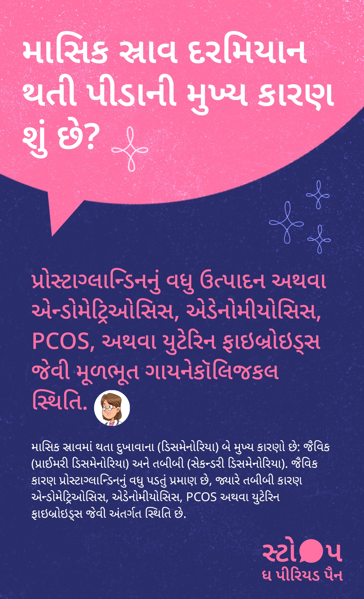 માસિક સ્રાવ દરમિયાન period painના મુખ્ય કારણો દર્શાવતું સ્ત્રી પ્રજનન તંત્રનું આરોગ્ય ચિત્ર